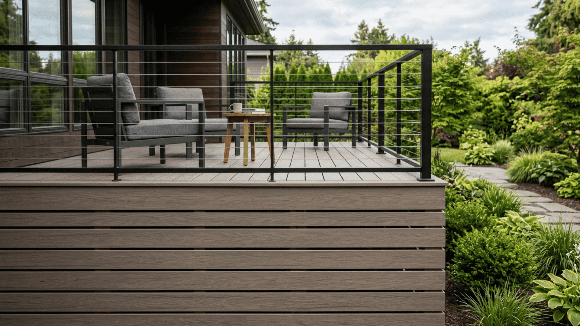Horizontal composite slat skirting below a modern deck