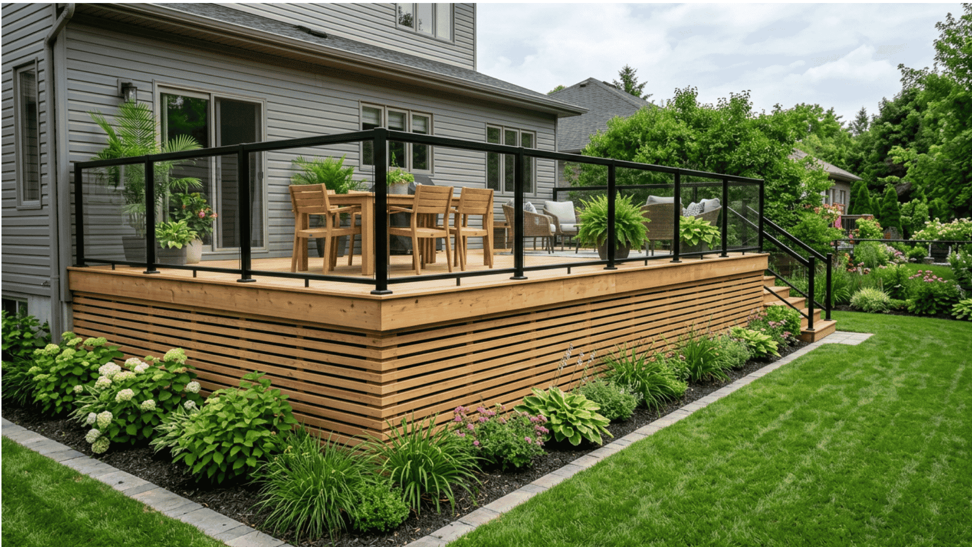Horizontal wood slat skirting under a modern raised backyard deck