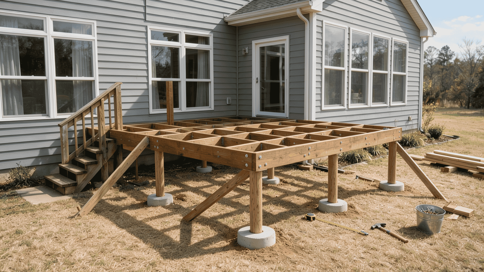 Wooden deck frame construction with posts and joists beside a house