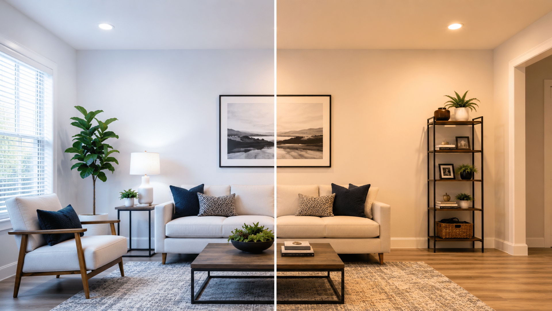 Interior space showing bright white and daylight bulb contrast