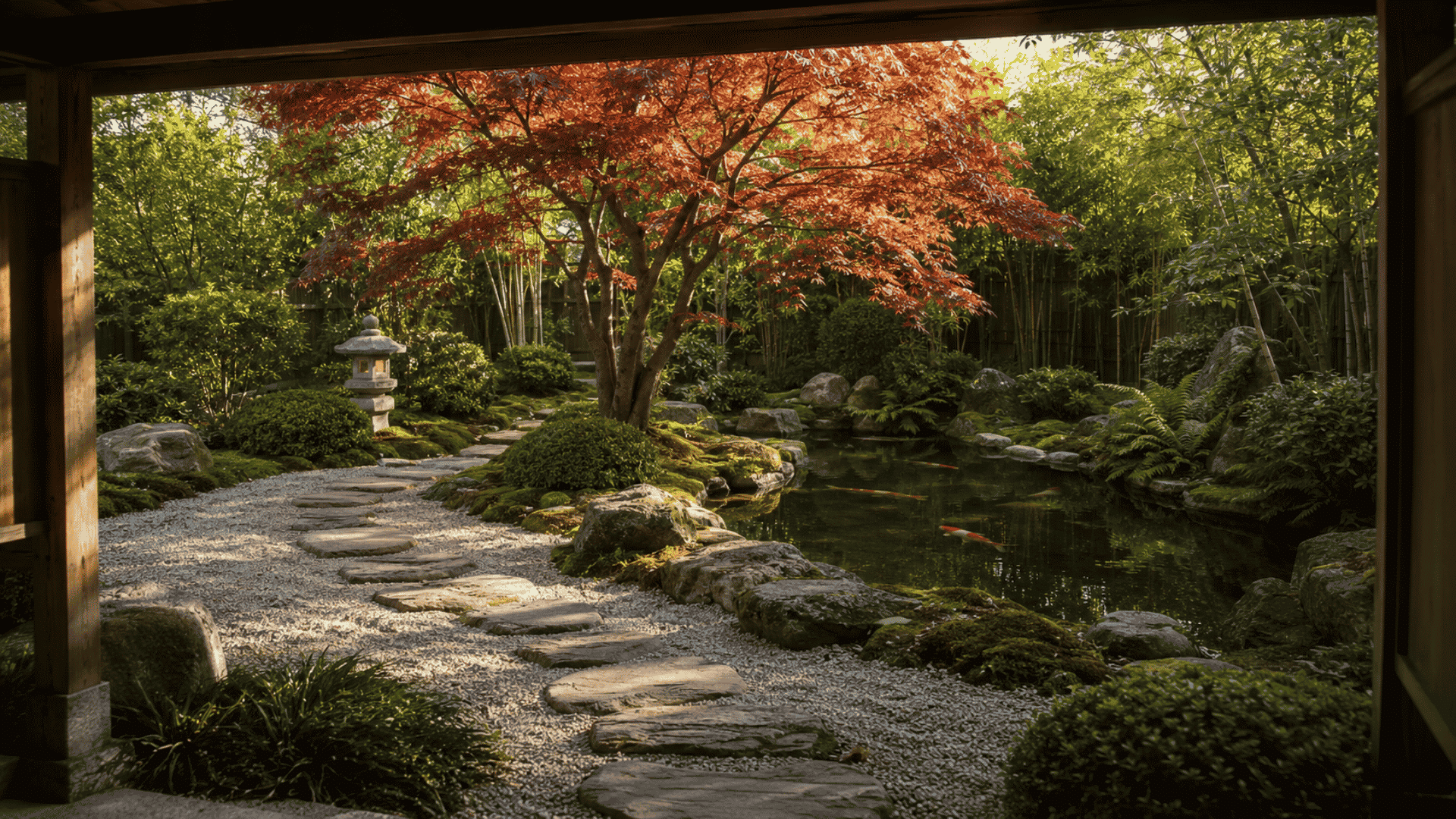 red japanese maple overlooks a koi pond and curved stone path in a shaded garden