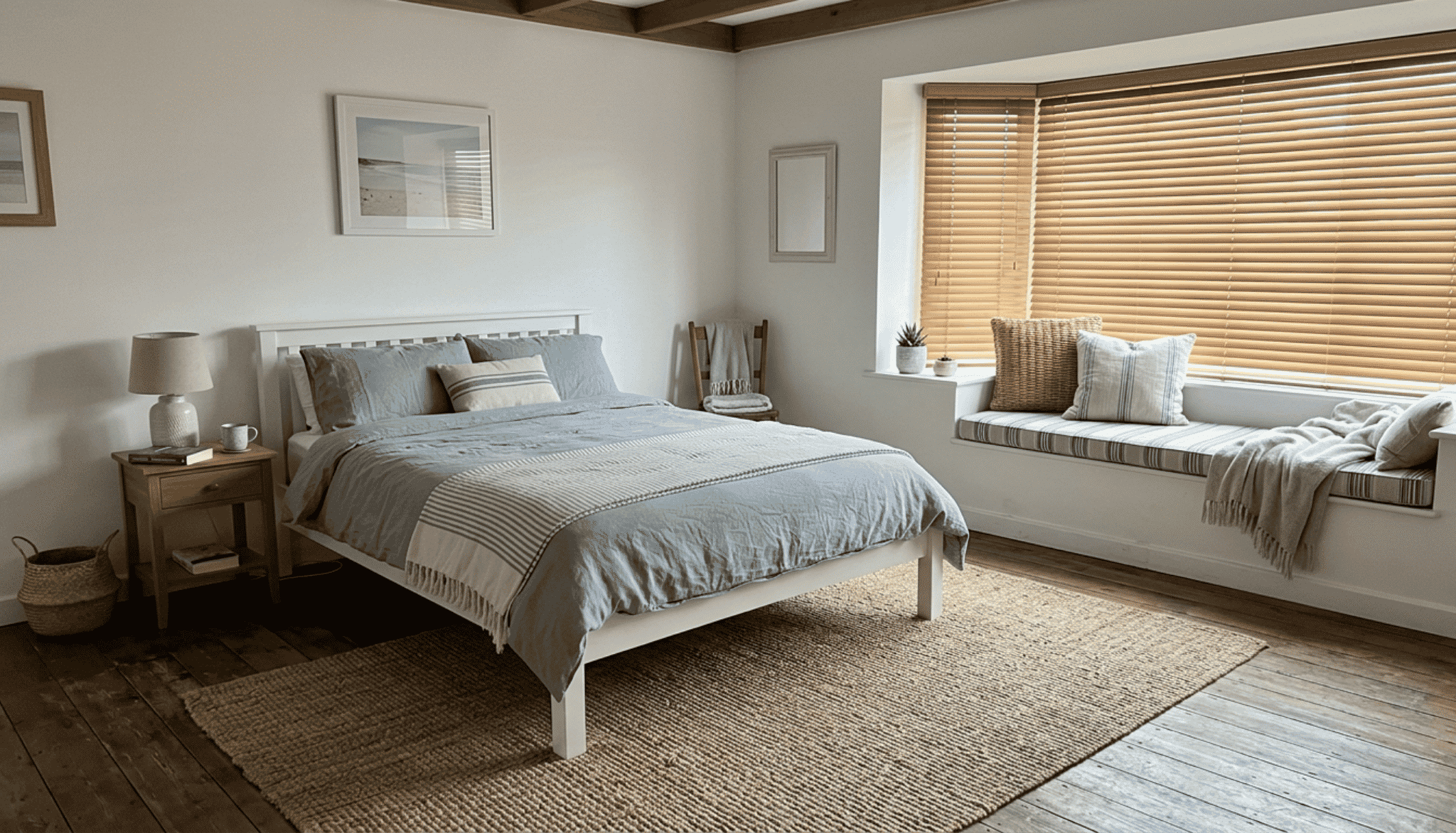 coastal bedroom with a jute or seagrass area rug and window seat