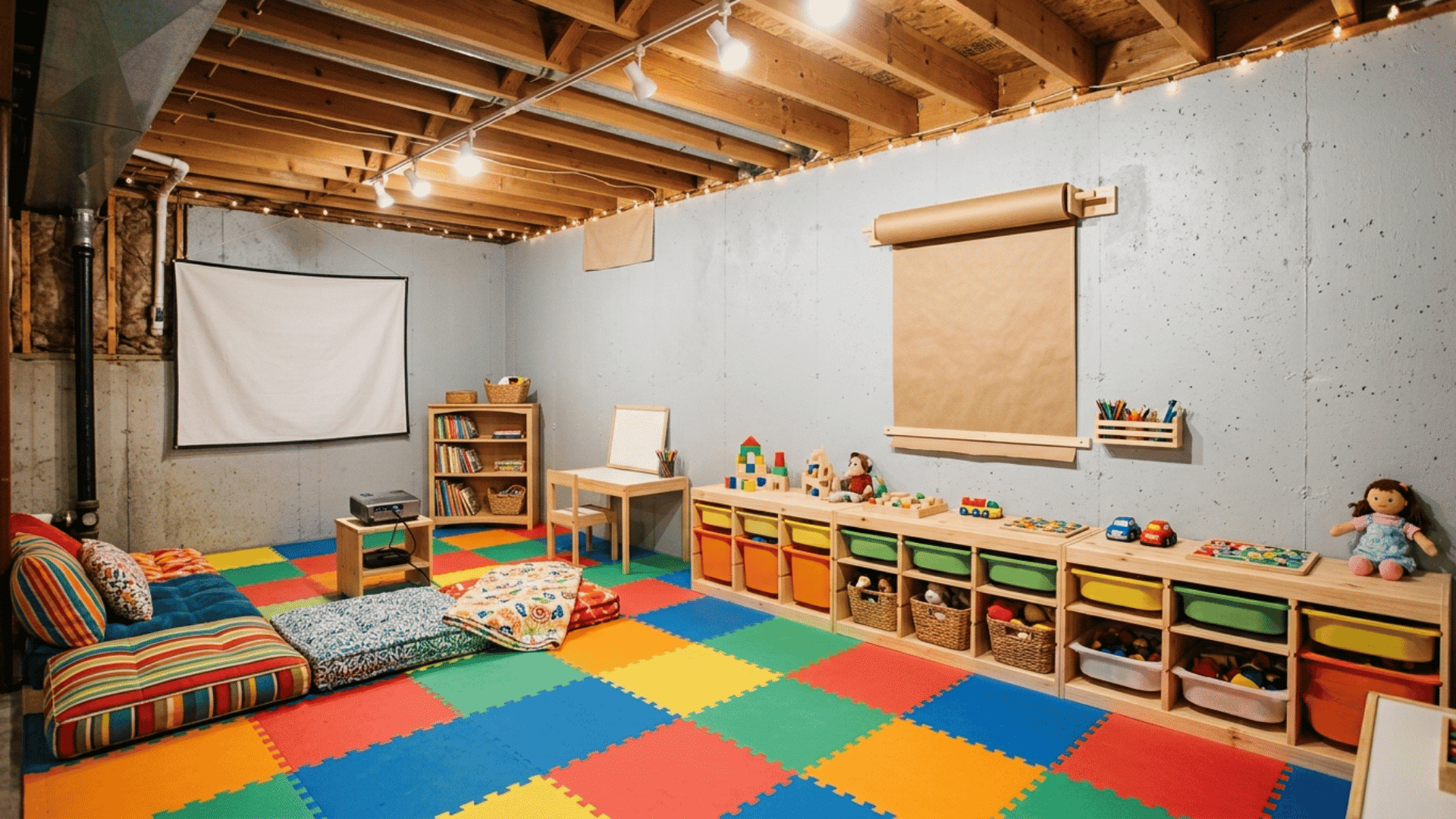 colorful basement playroom with foam tiles, toy bins, art wall, and a projector.