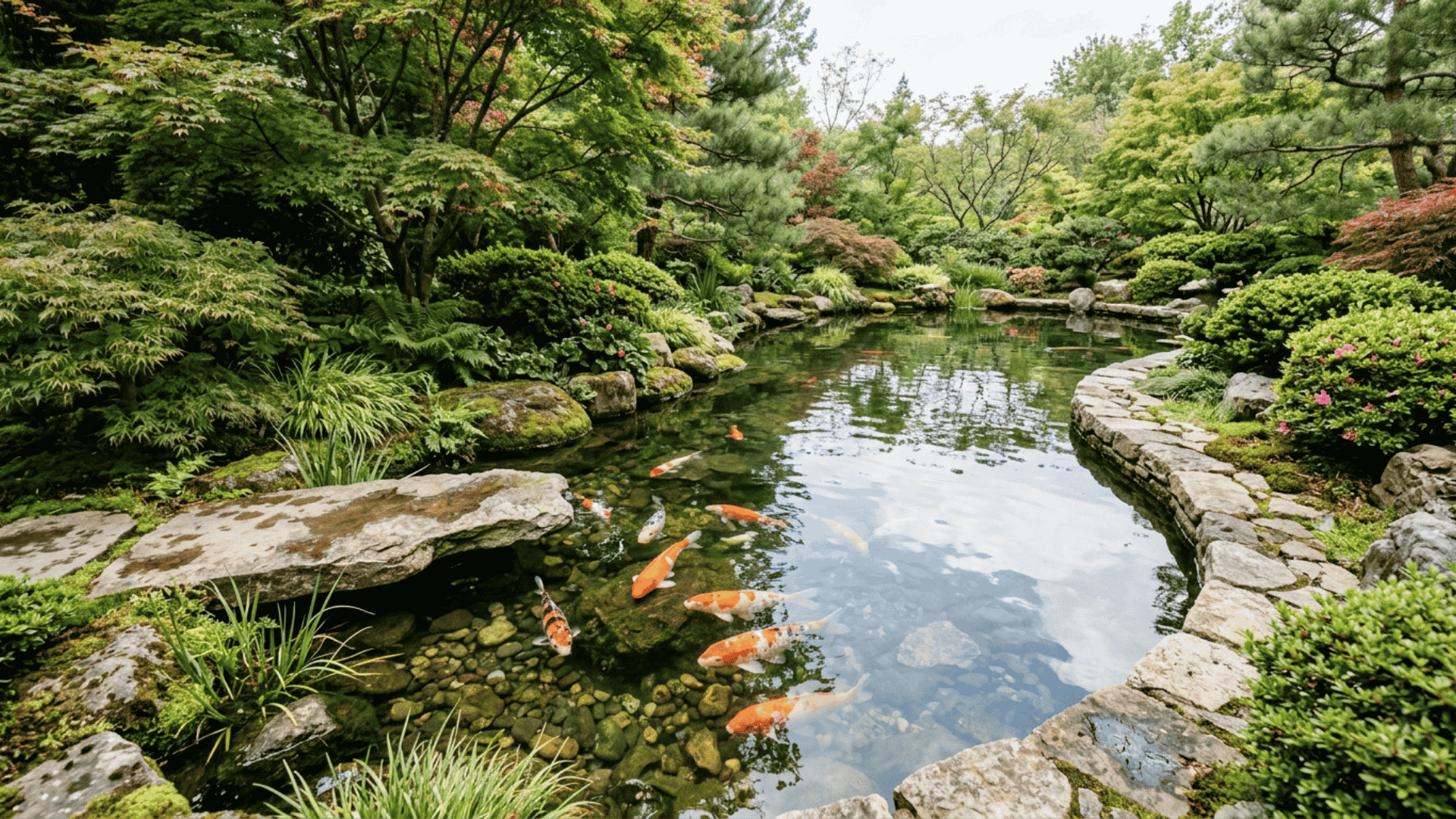 orange and white koi swim in a stone-edged pond framed by leafy trees and shrubs