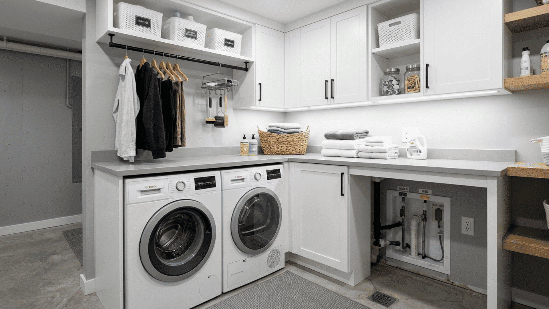 basement laundry area with white washer, dryer, cabinets, folded towels and rail