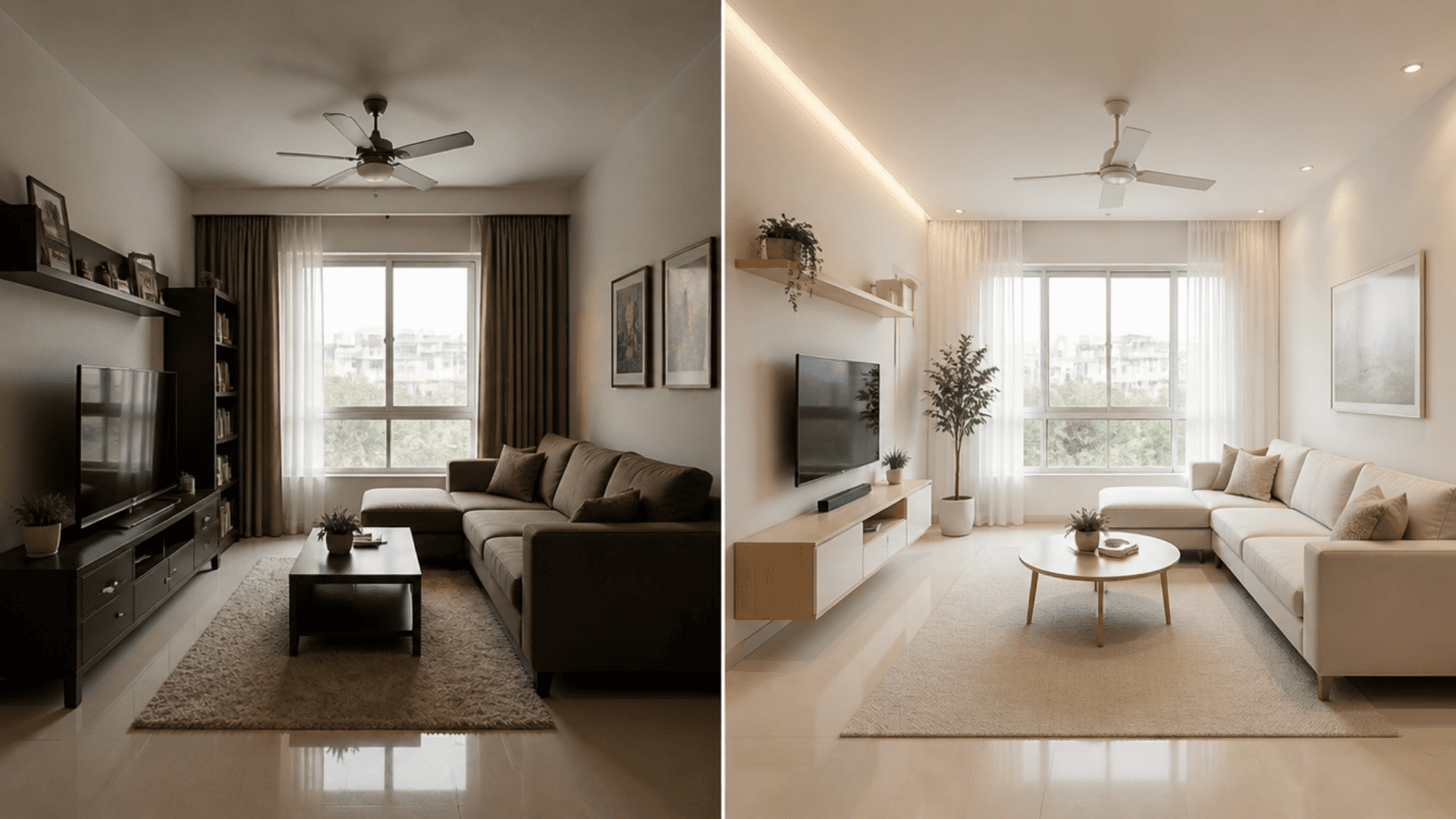 side by side comparison of a dark, crowded living room and a bright, open room with light colors and minimal furniture