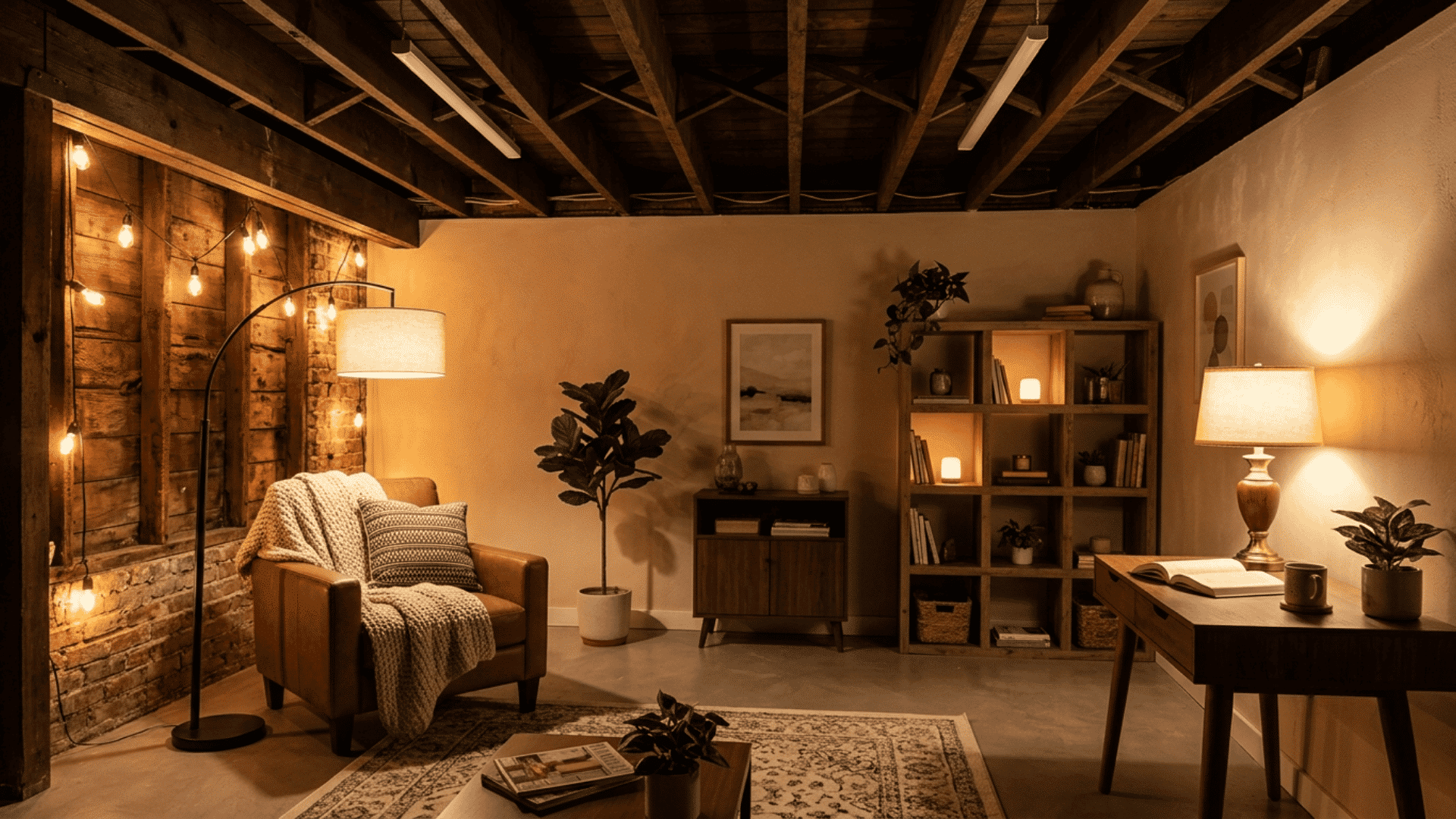 windowless basement lounge lit by strip lights, lamps, string lights, and pucks.