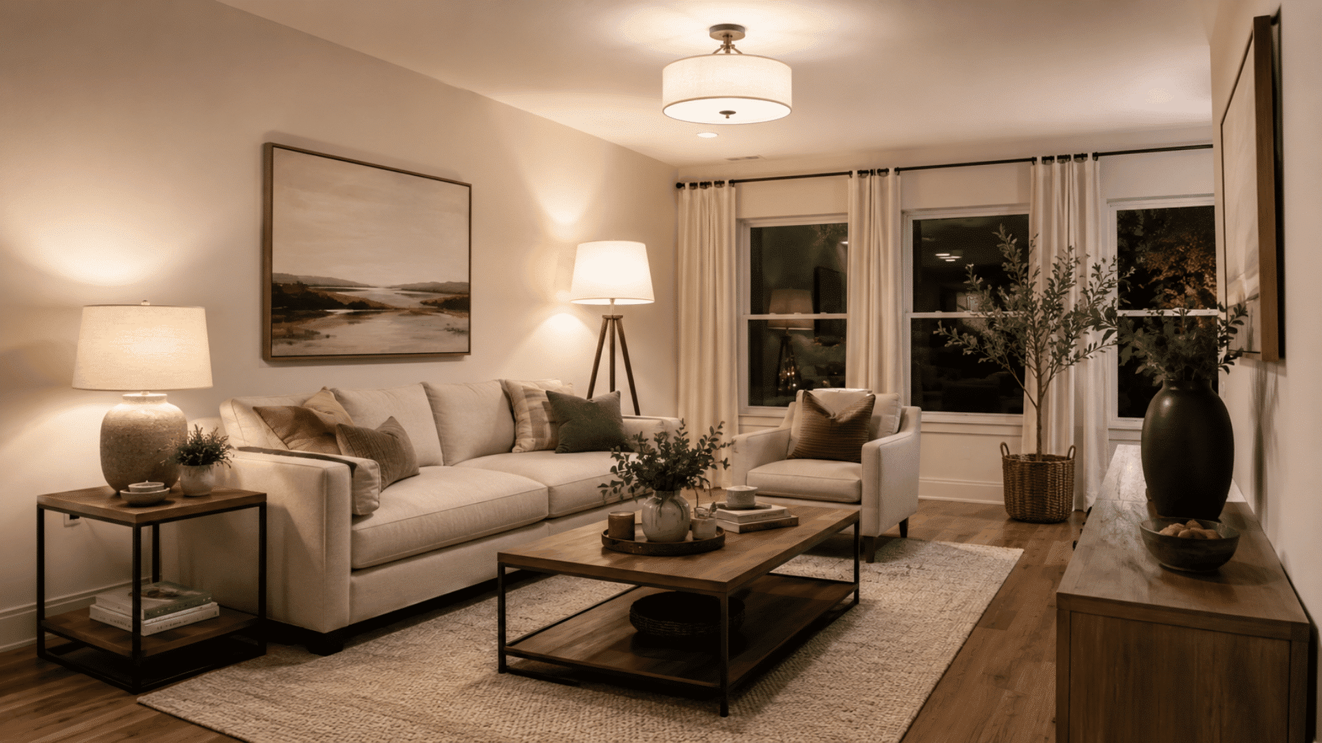 Living room lit with bright white 3200K lighting
