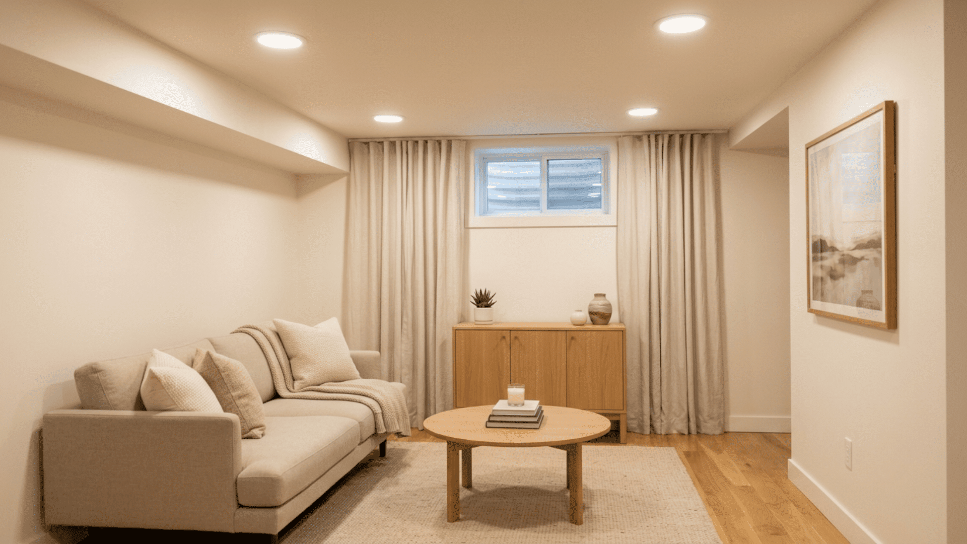 small beige sofa and round wood table furnish a bright, neutral basement lounge.