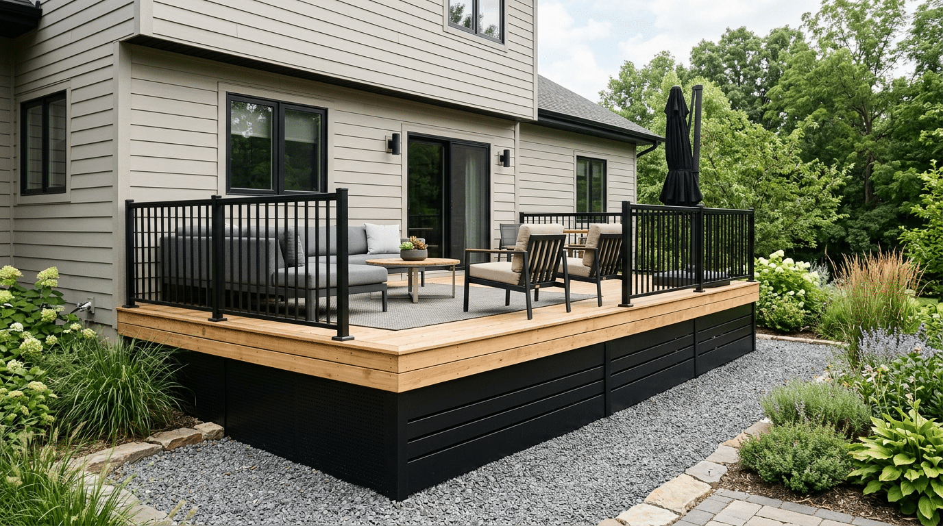 Black metal panel skirting under a raised deck with gravel border