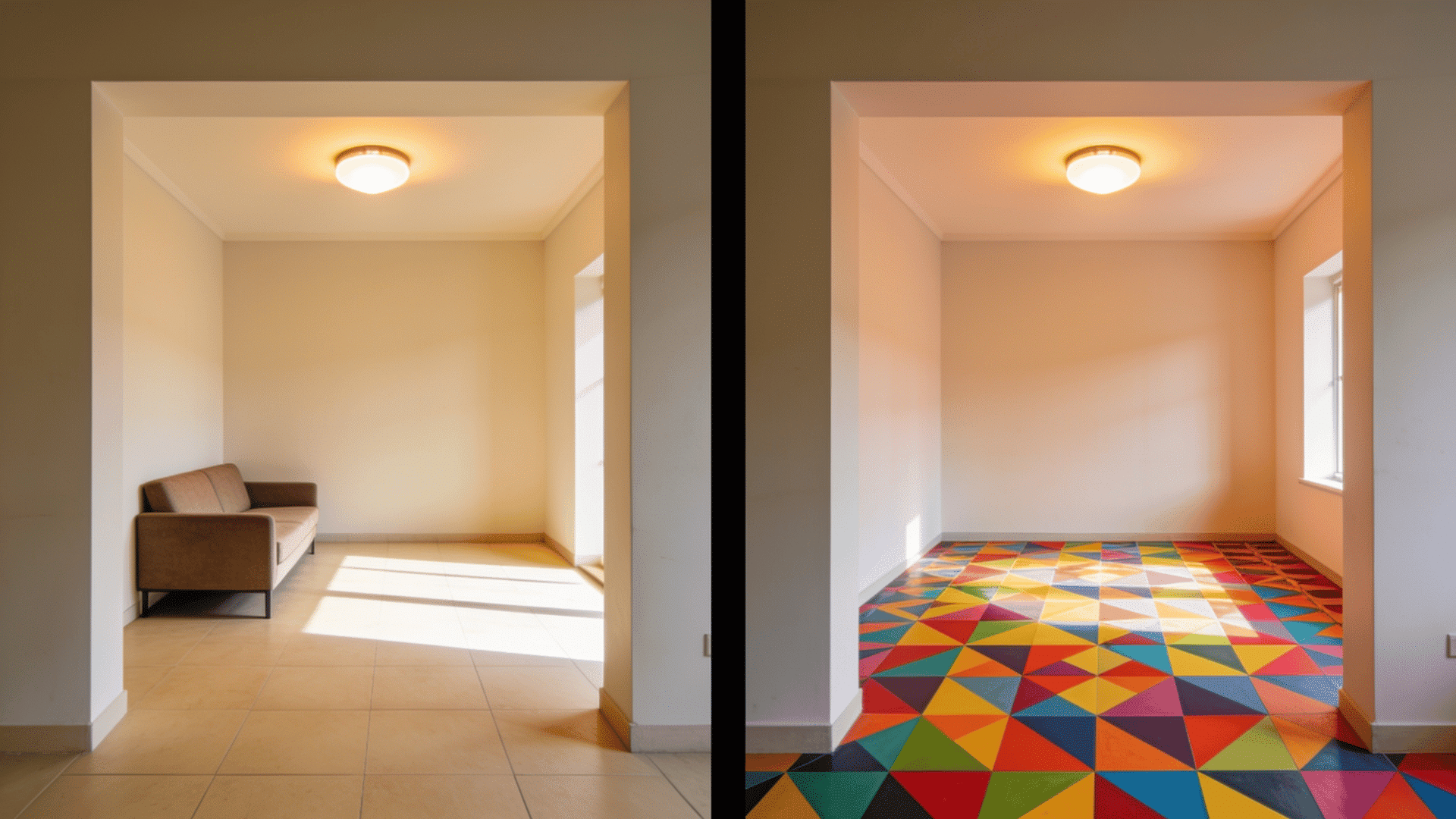 side by side comparison of light neutral flooring and a busy colorful floor pattern