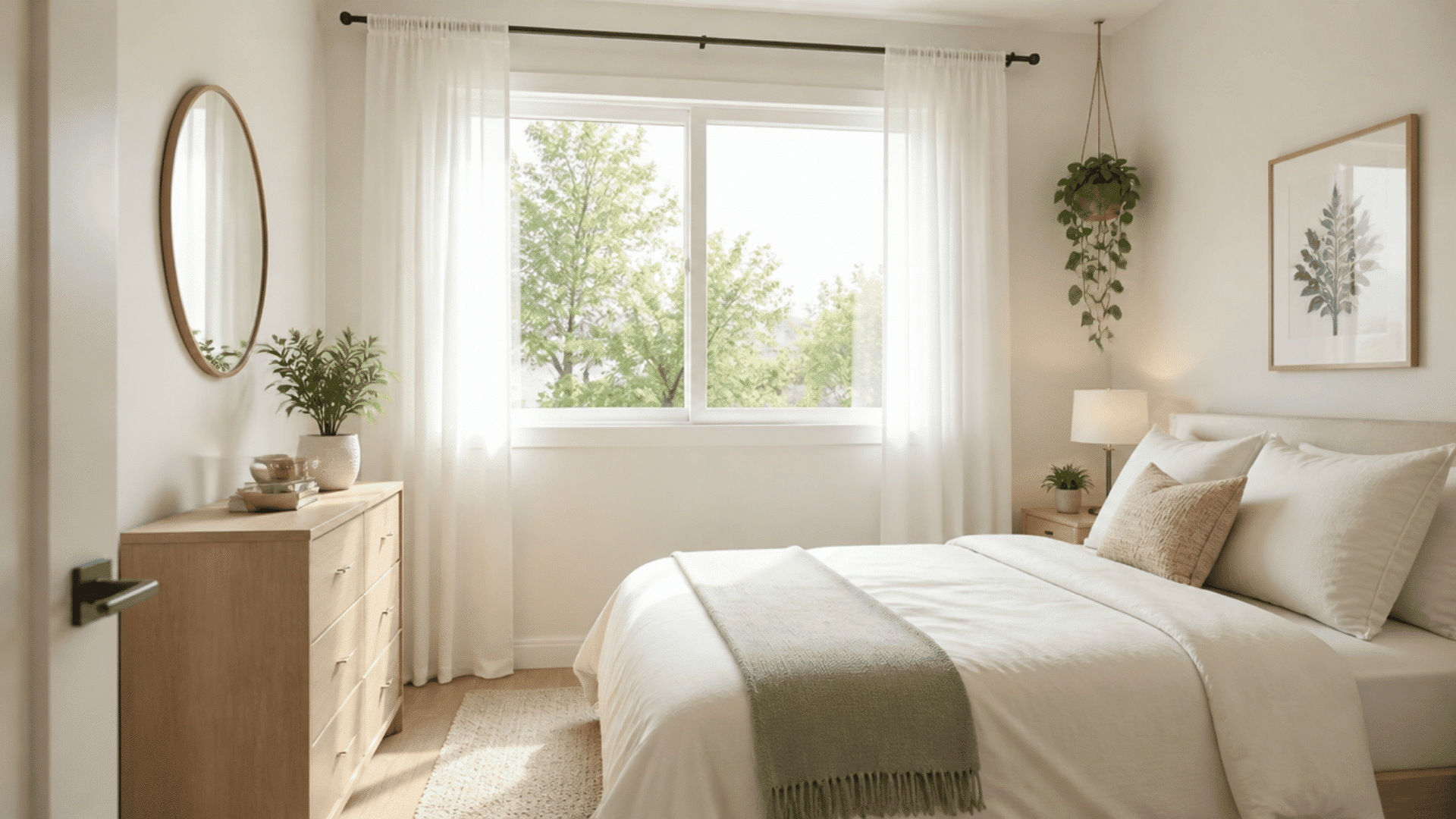 small bright bedroom with light walls, sheer curtains, a round mirror, simple furniture, and natural greenery