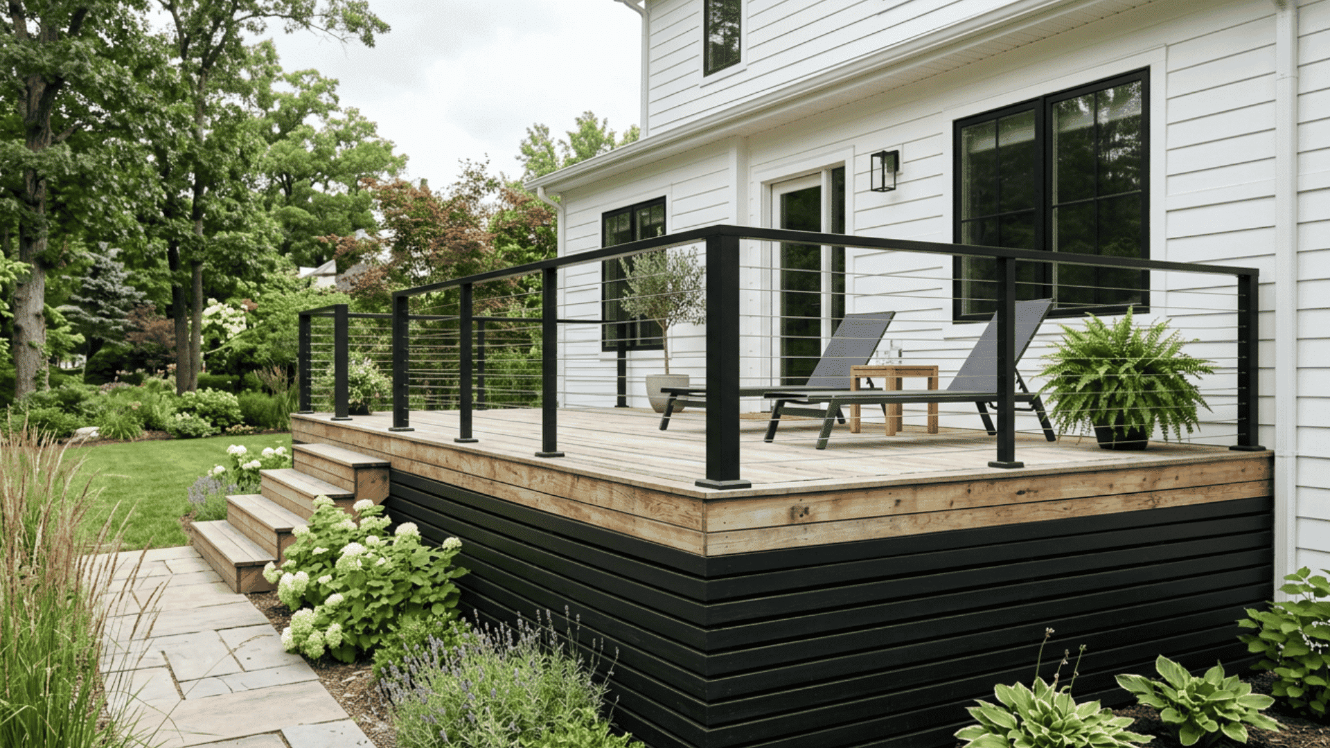 Matte black slat skirting below a wood deck