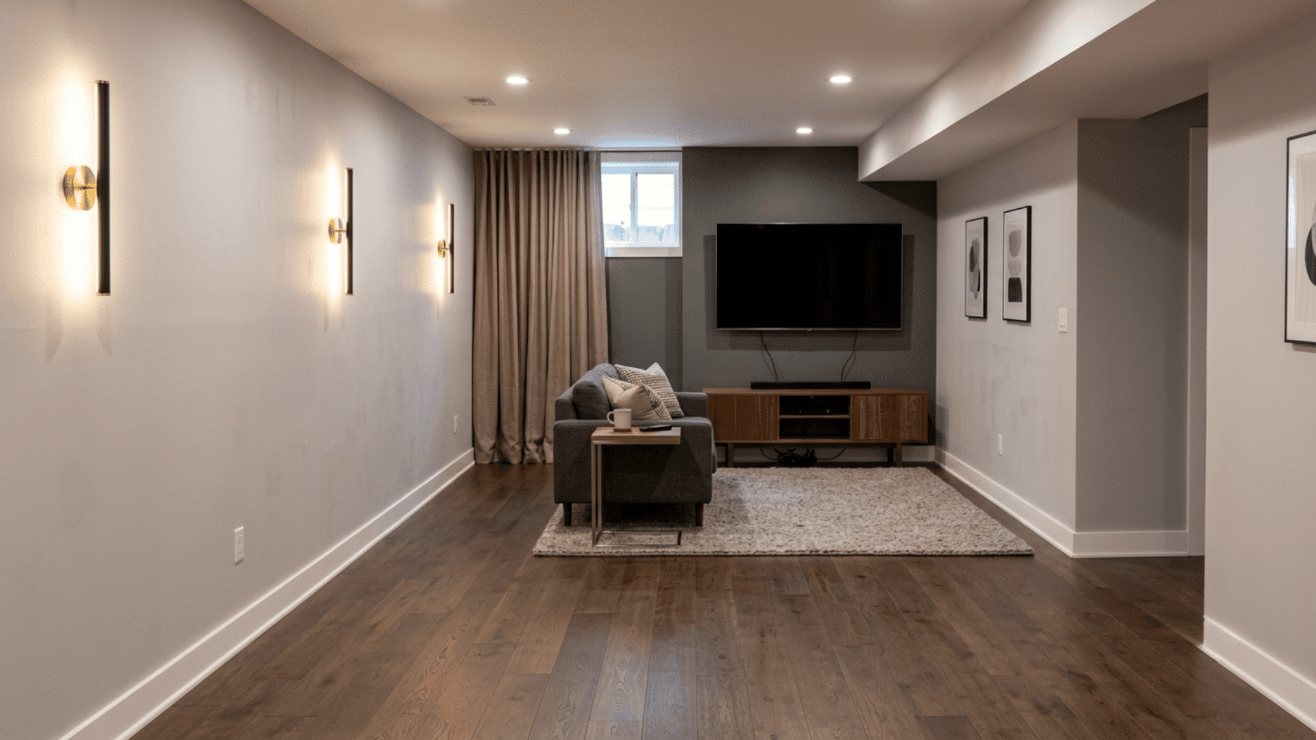 modern basement media room with a wall-mounted tv, gray sofa, rug and wood floor
