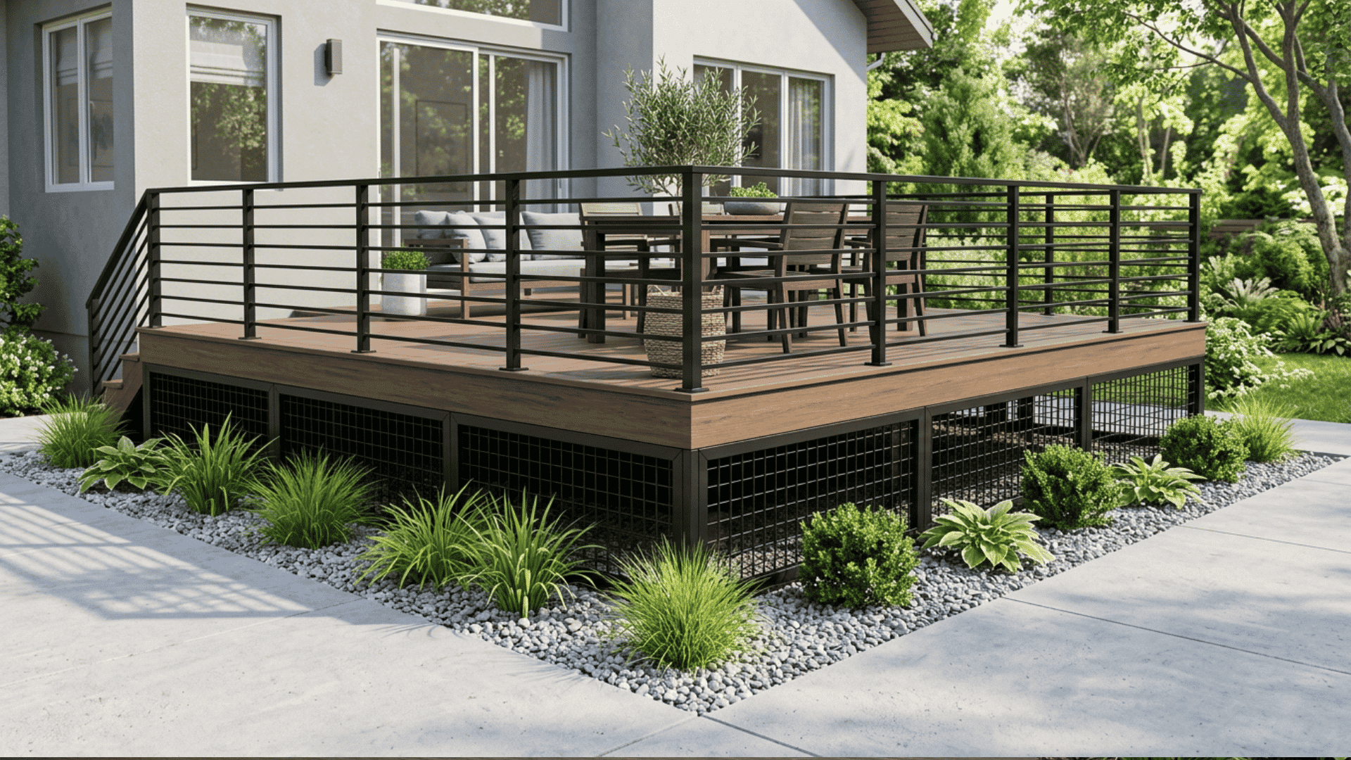 Metal grid skirting under a raised deck with gravel border