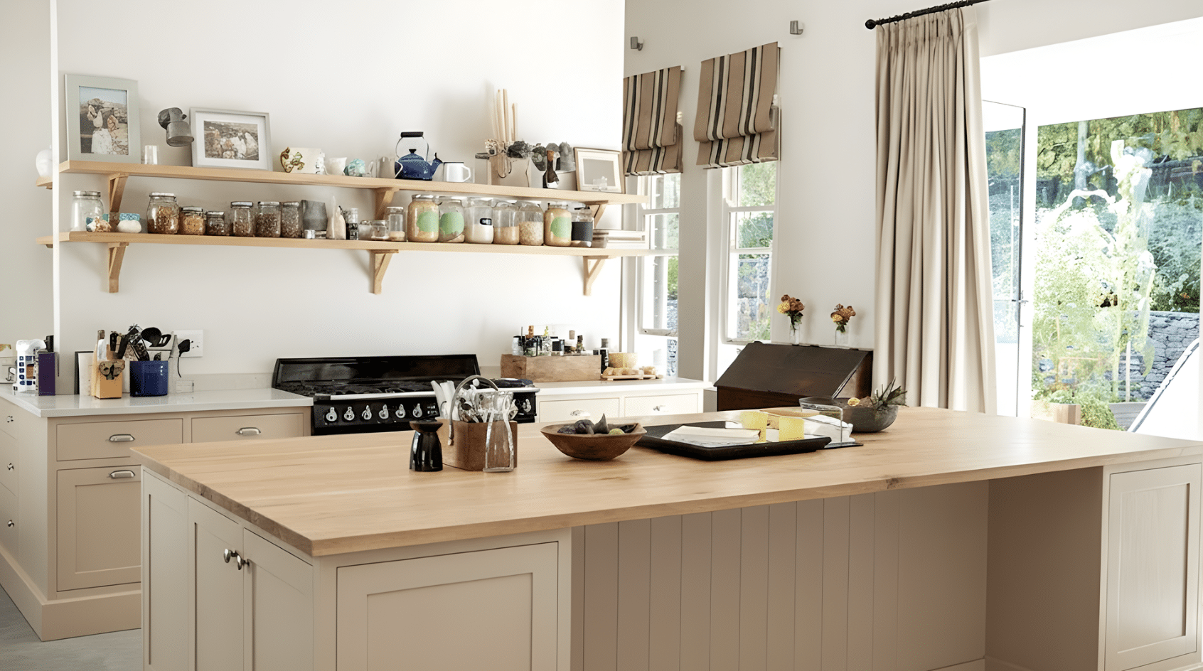 mid-century modern kitchen with a clean wood island, open shelves, and bright natural light.