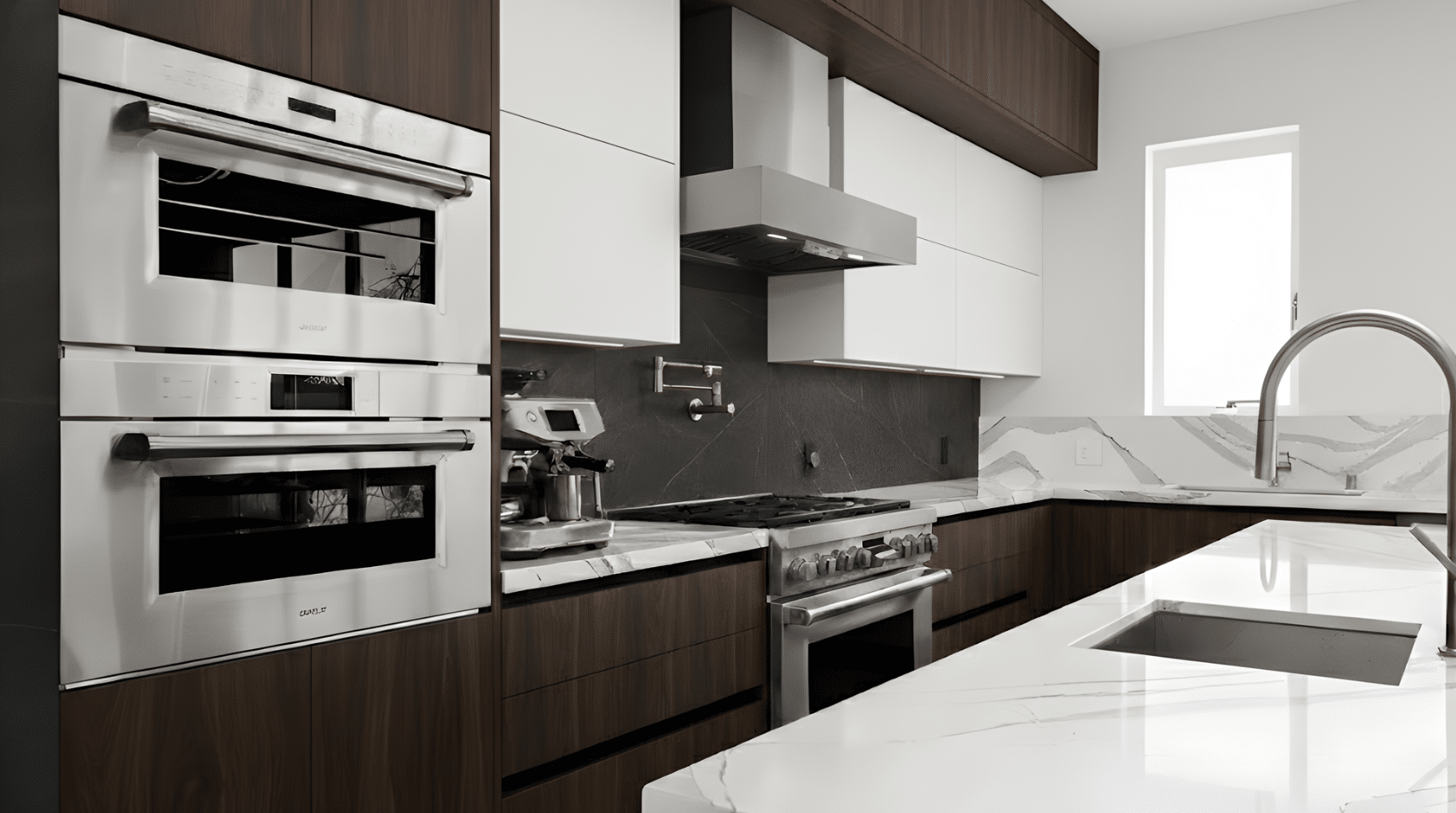 modern kitchen with integrated appliances, wood cabinets, and clean white countertops.