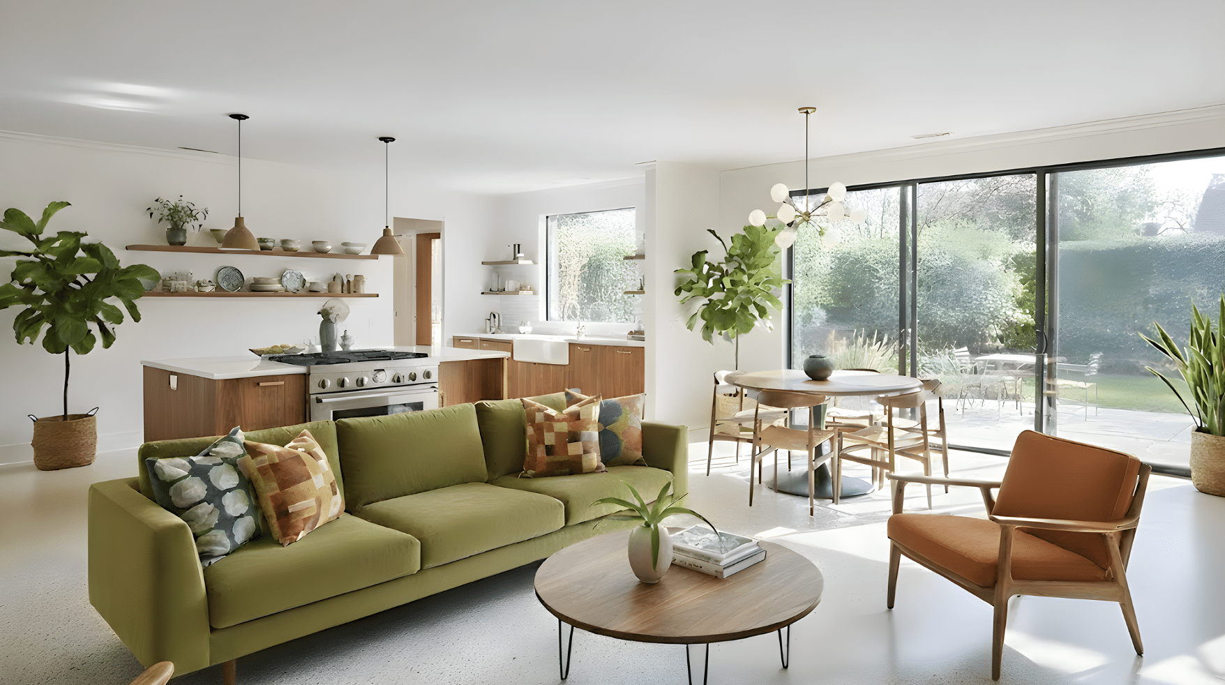 open-plan mid-century modern living, dining, and kitchen with large windows and natural light.