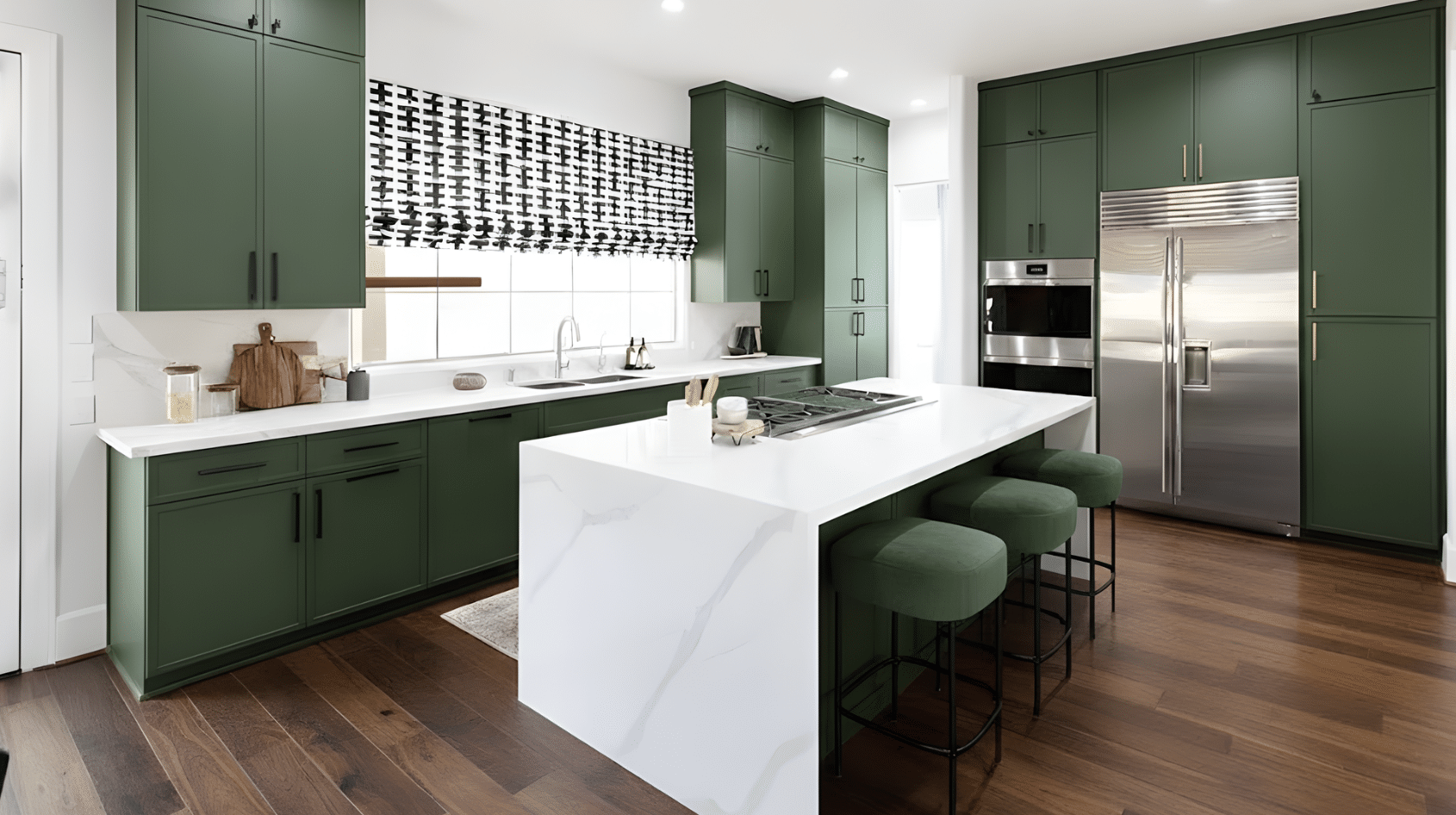 Modern kitchen with green cabinets, open shelving, white island, and mixed storage solutions.