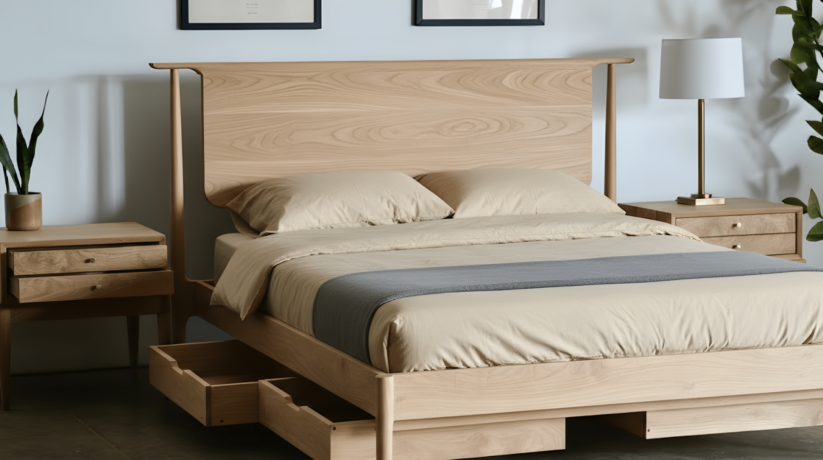 wood platform bed with a minimal headboard, neutral bedding, and built-in storage drawers.