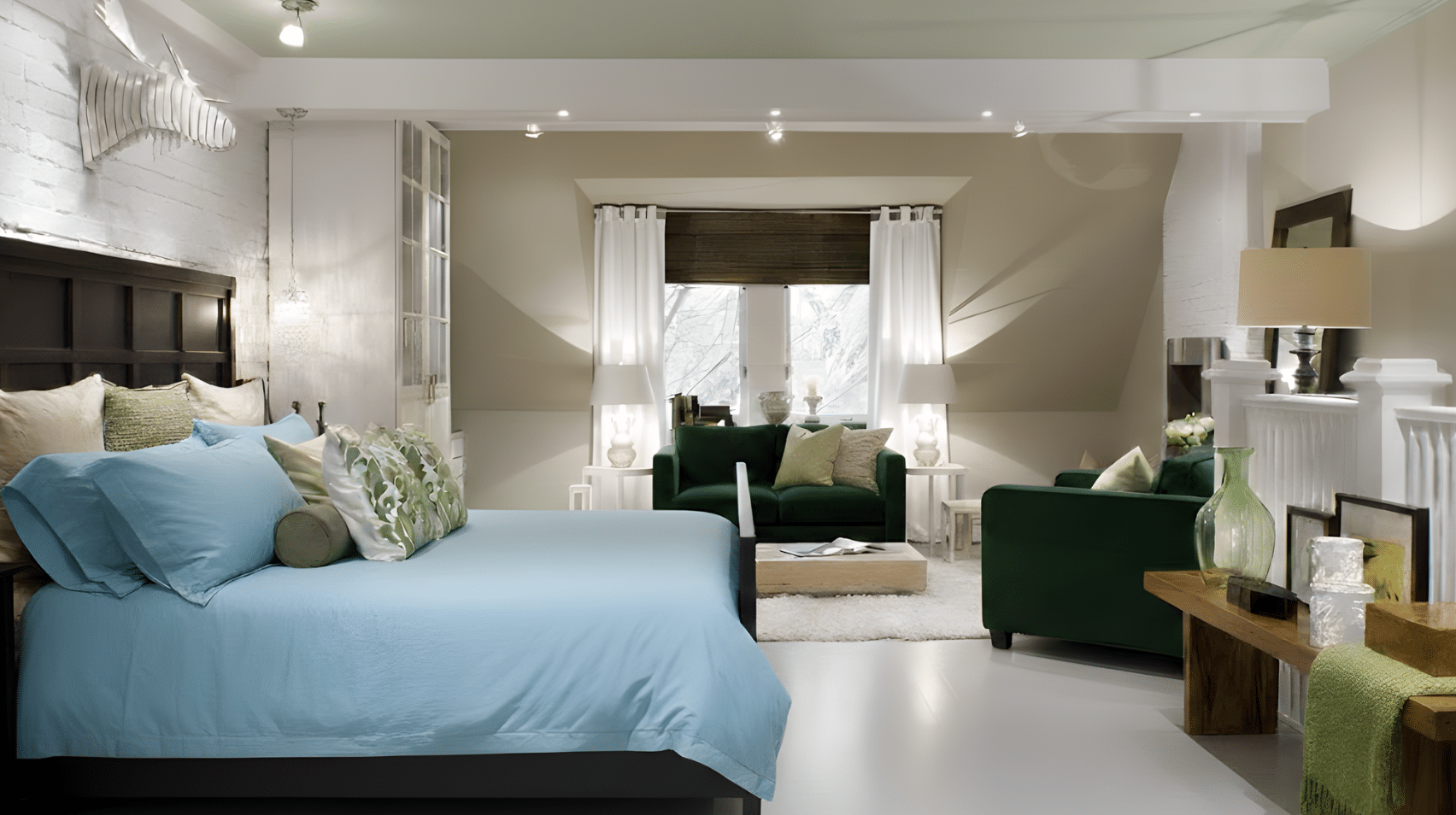 mid-century modern bedroom with layered lighting, soft lamps, and a bright, relaxing seating area.