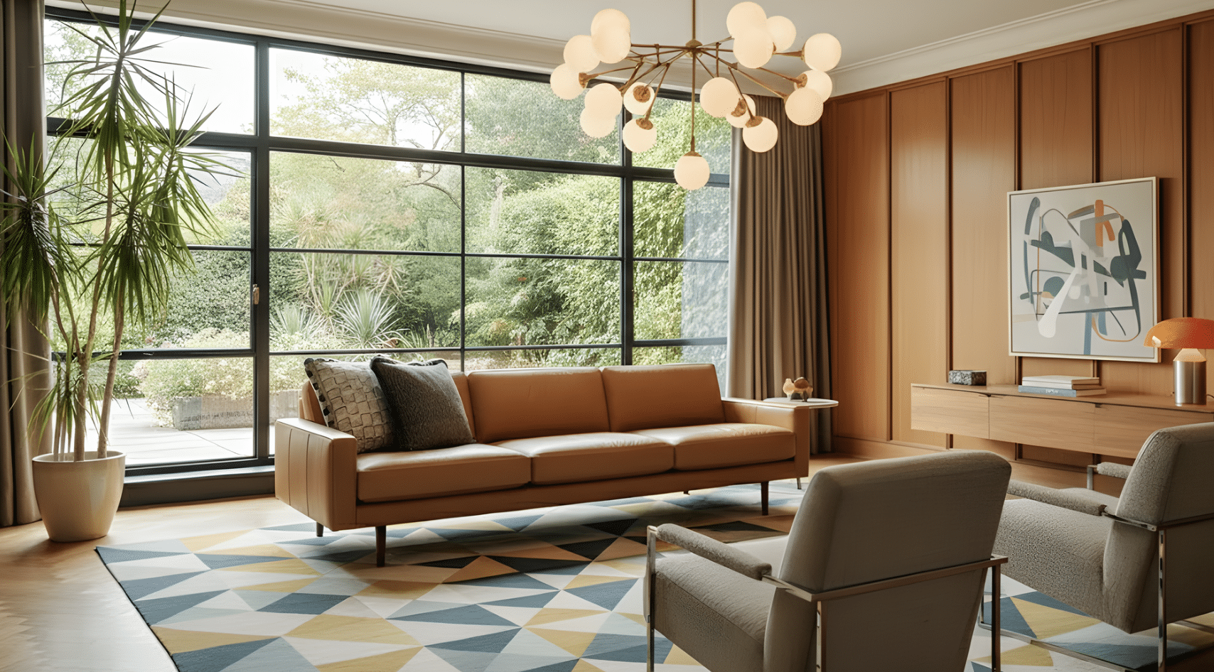 mid-century modern living room with sculptural chandelier, wood paneling, and large garden-facing windows.