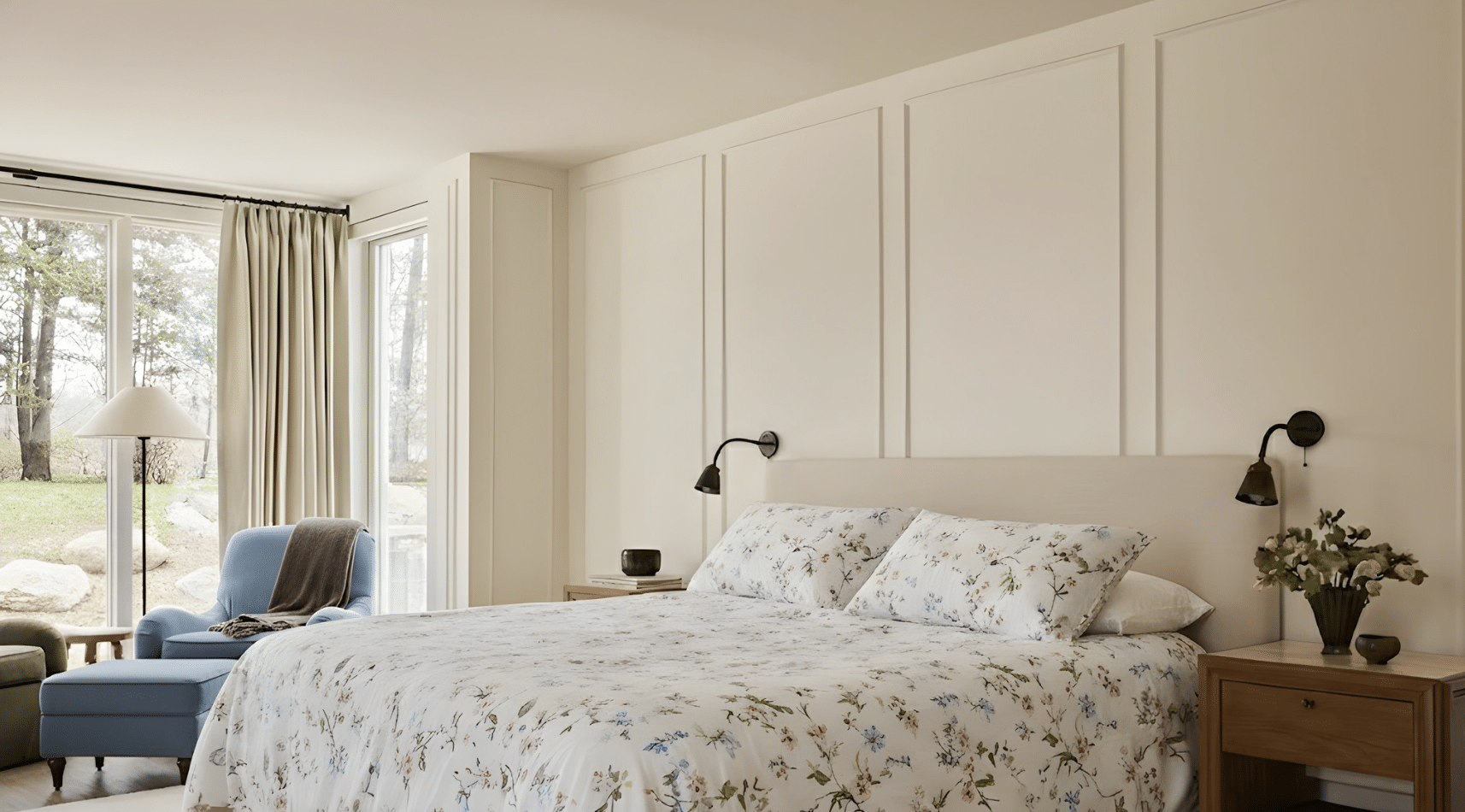 bedroom with warm wood nightstands, neutral walls, soft lighting, and large windows.