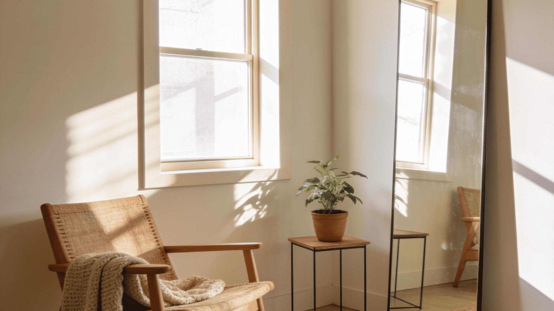 large floor mirror reflecting natural light in a bright, compact sitting area.
