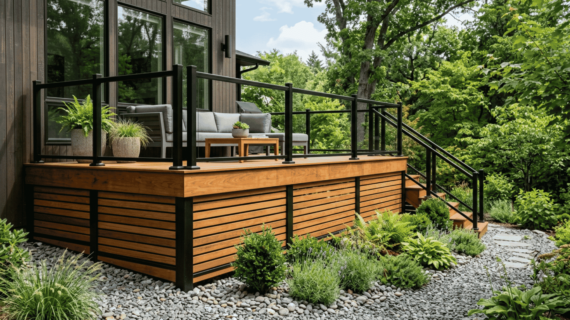 Wood and black metal skirting under a modern deck
