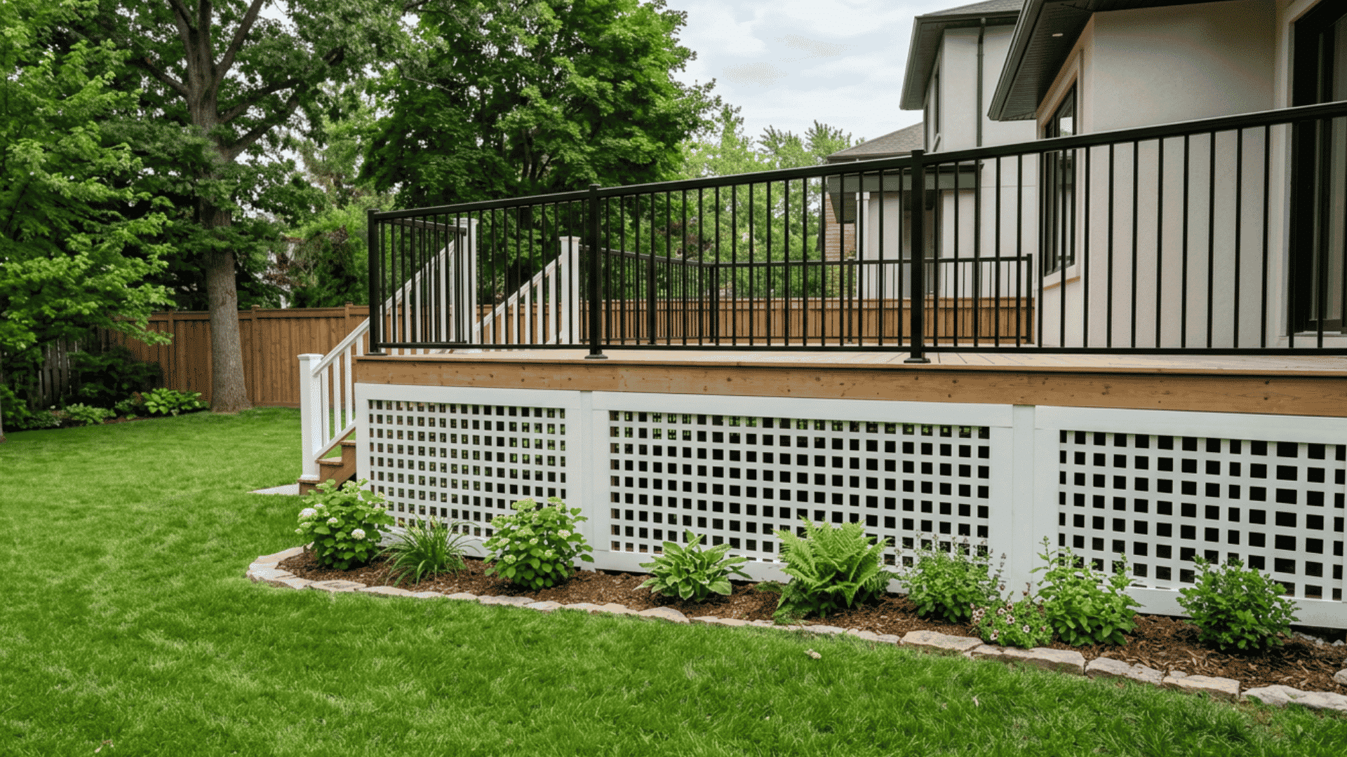 Modern square lattice skirting under a raised deck