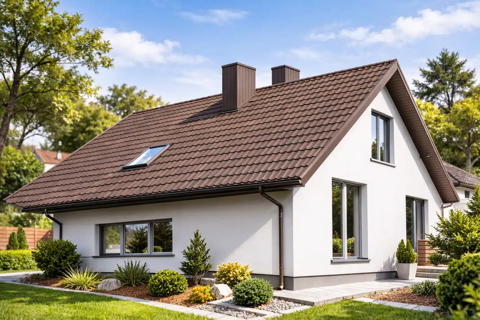 Modern white house with brown tiled roof, skylight, two chimneys, and landscaped yard under blue sky