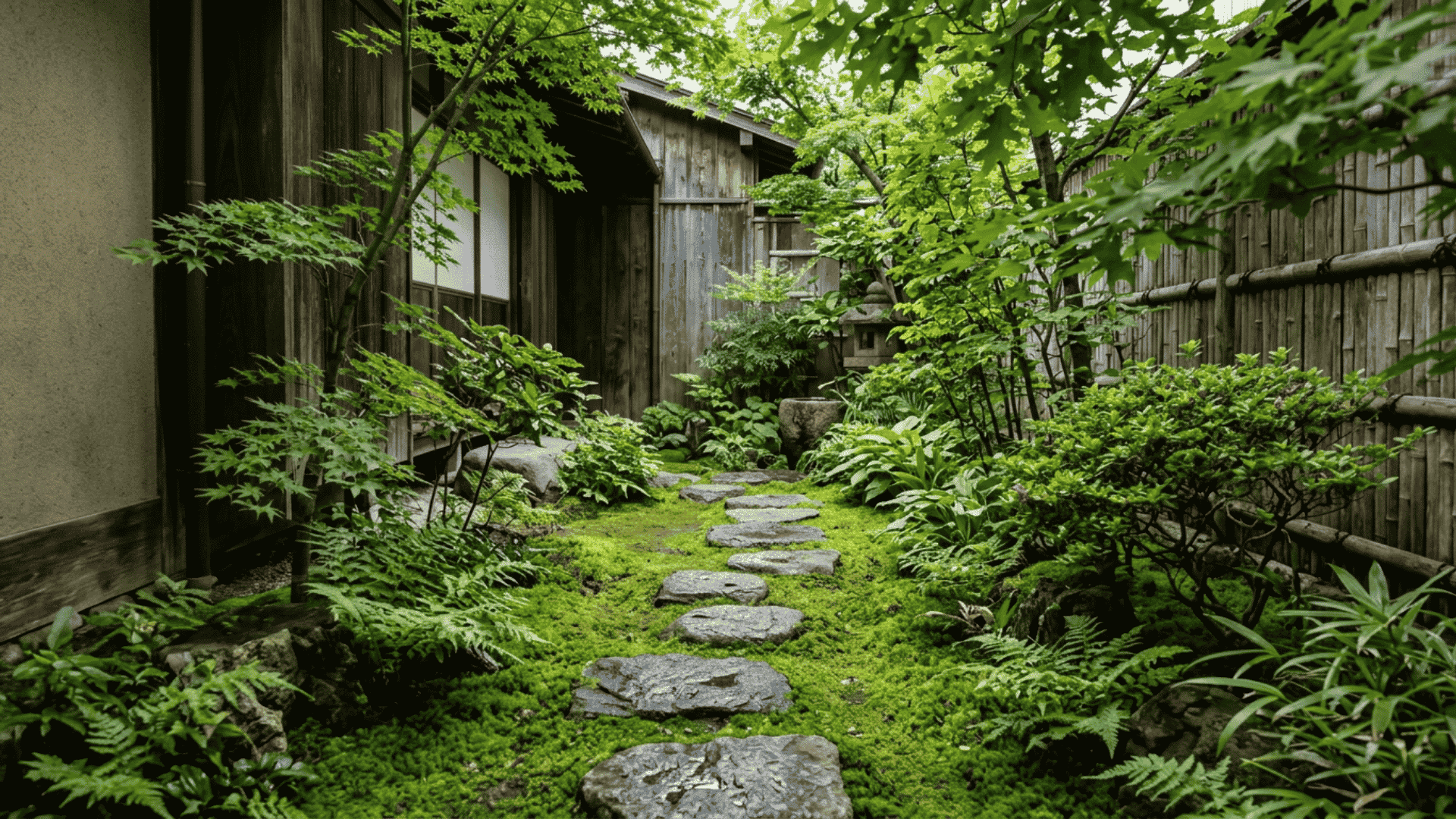 flat stepping stones cross lush green moss in a shaded japanese courtyard garden