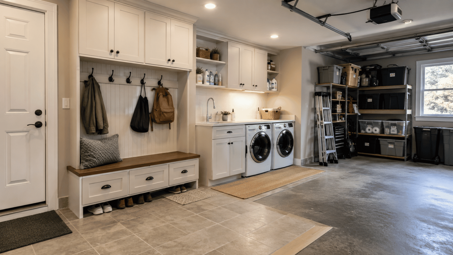 Garage mudroom and laundry area with a bench, cabinets, and storage shelves.