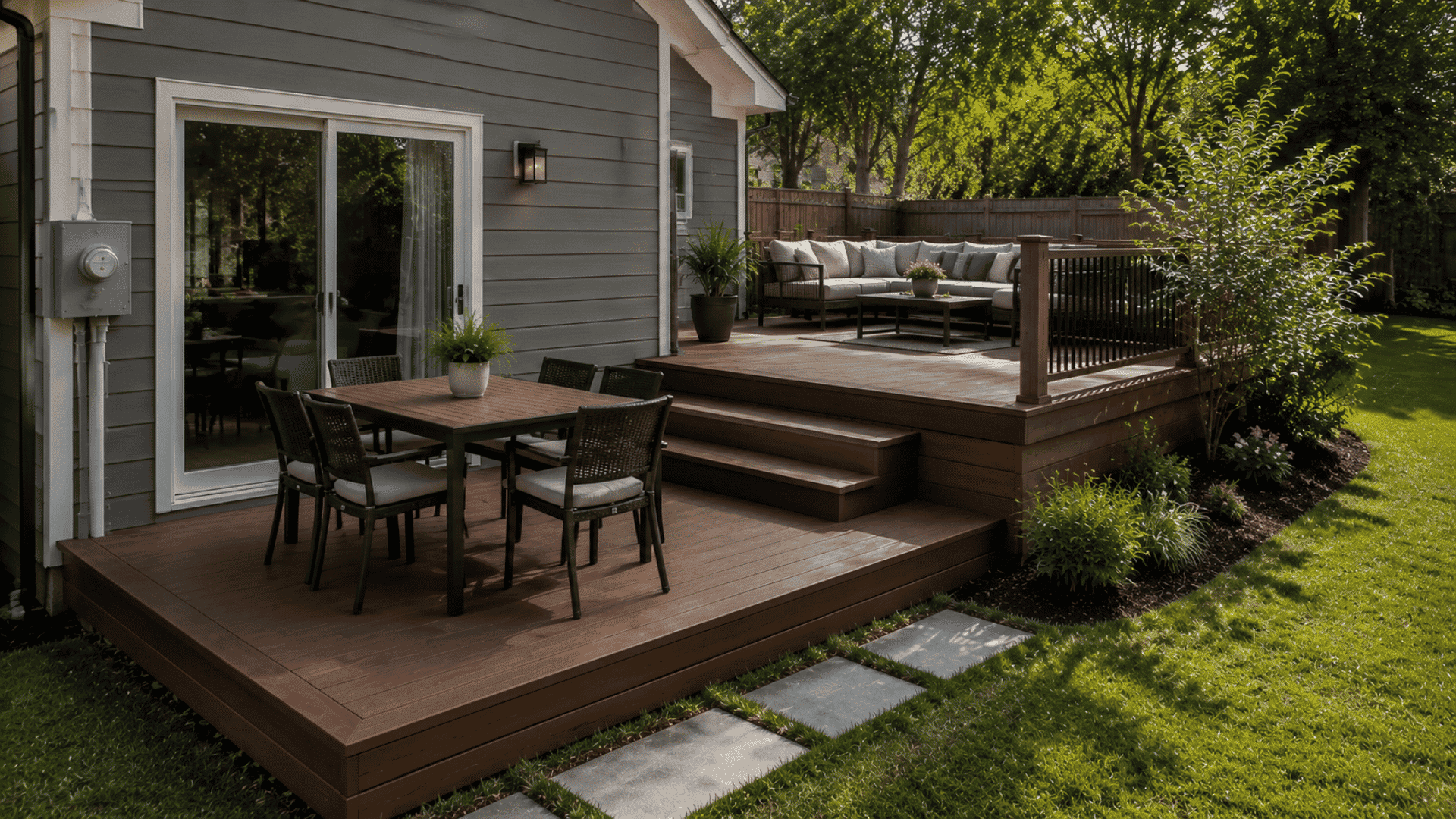 Multi-level deck with dining and lounge areas using different heights in a small yard.
