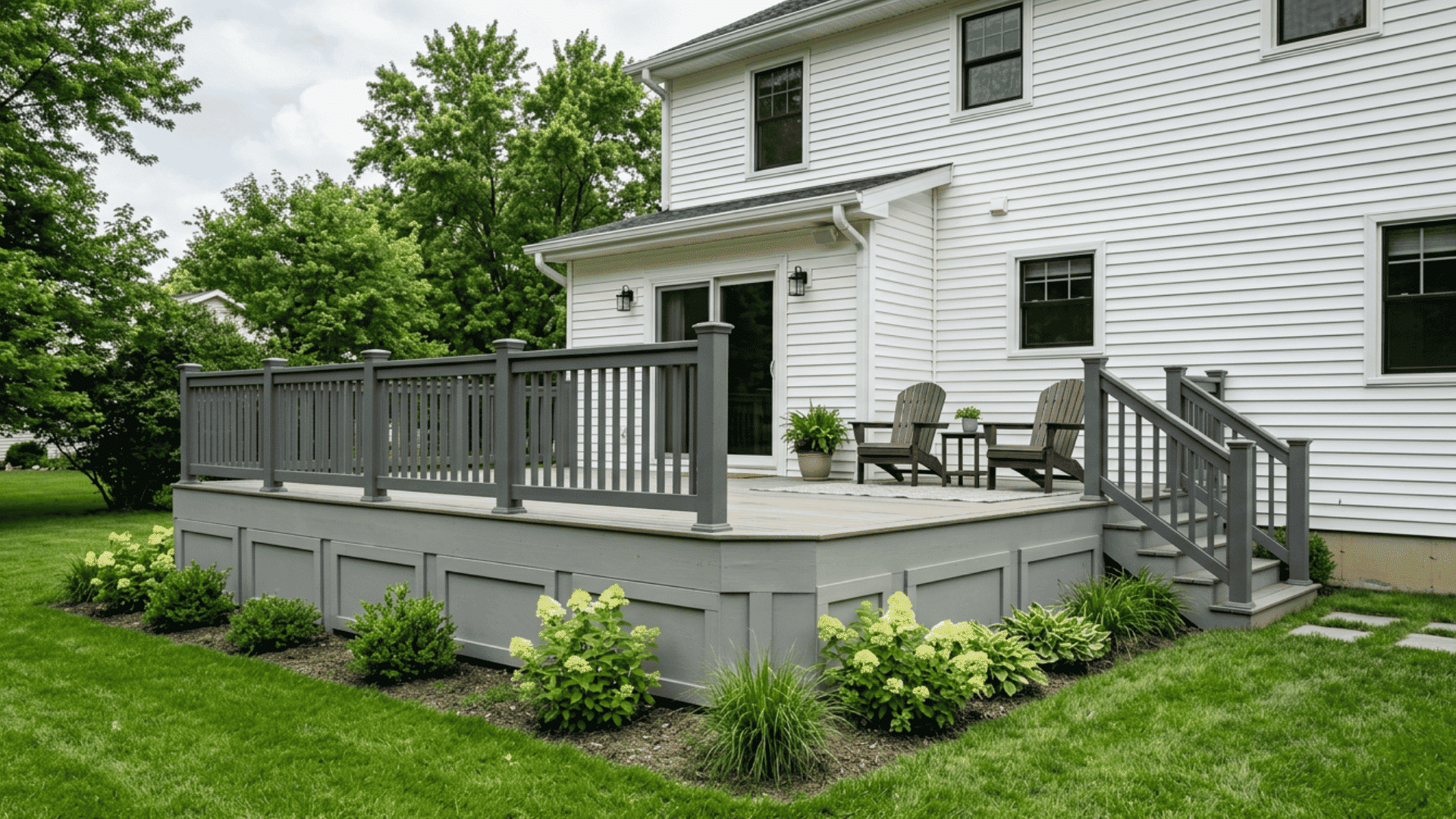 Painted gray deck skirting with framed panels