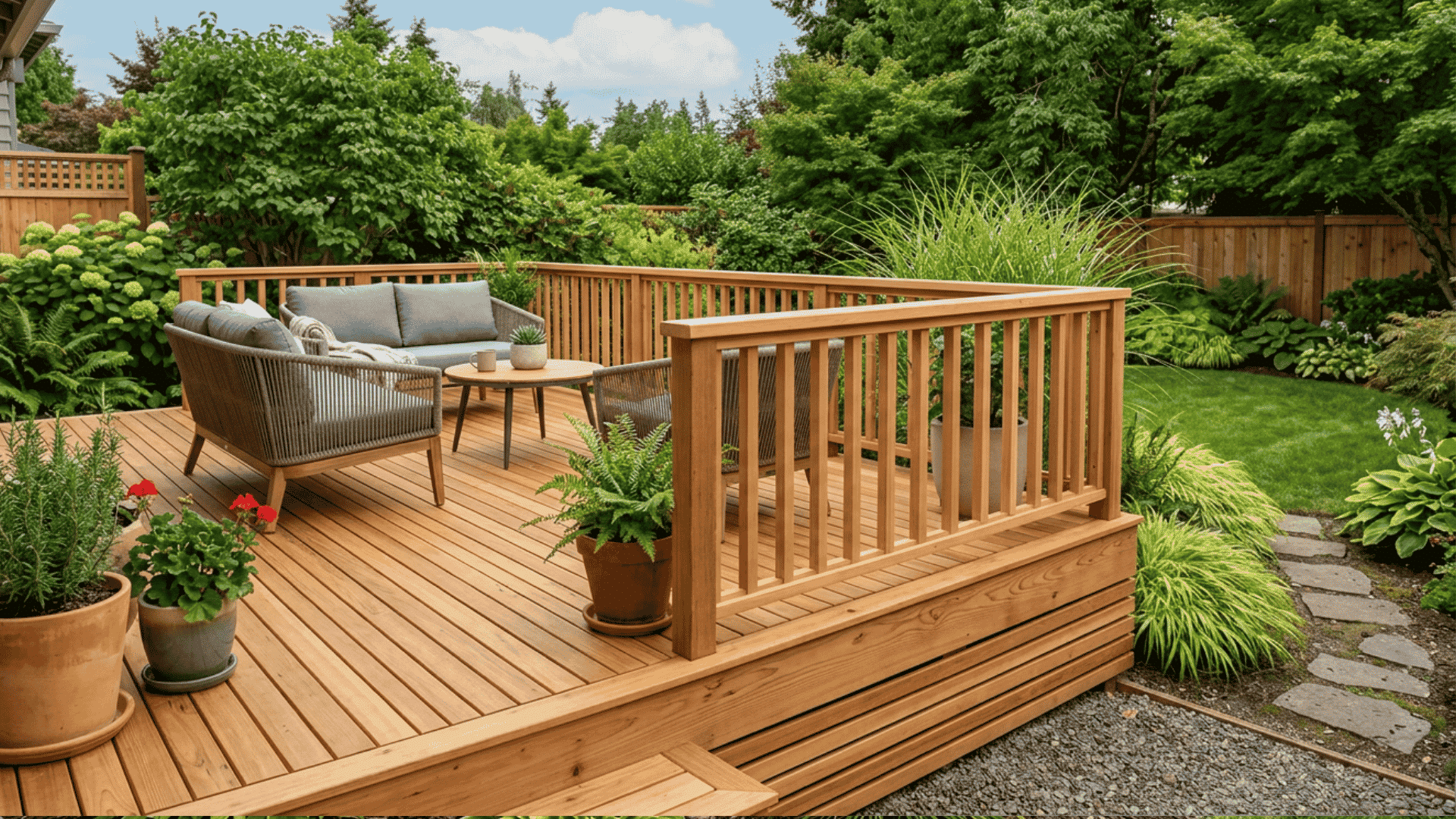 Natural cedar skirting below a modern backyard deck