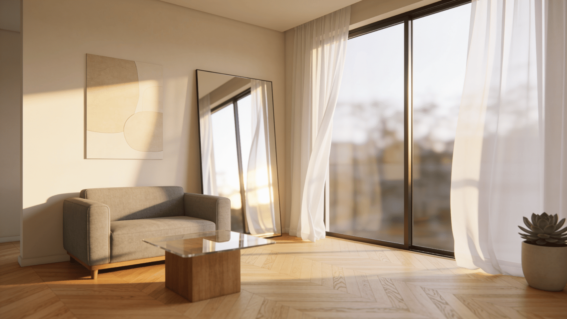 large floor mirror reflecting natural light in a small living room with sheer curtains and minimal furniture