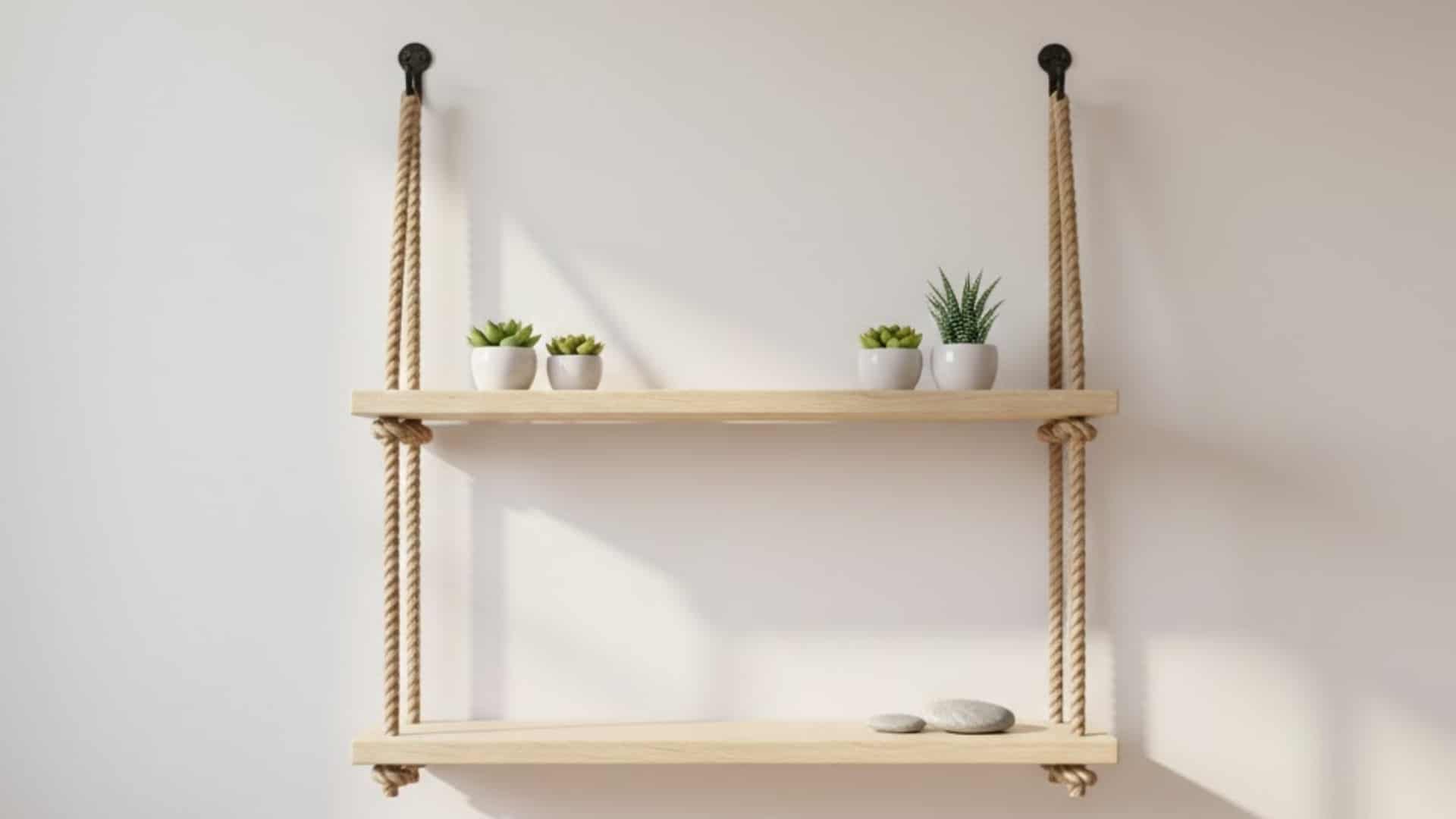 simple wooden wall shelf suspended with thick nautical rope