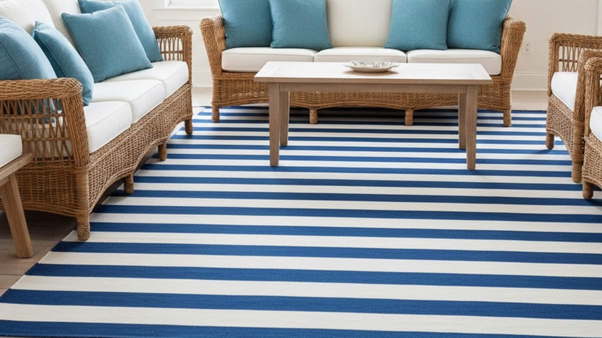 blue and white striped area rug beneath wicker seating and a wooden table