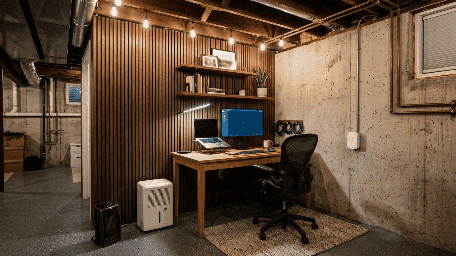basement office with a wood accent wall, desk, monitor, heater, and dehumidifier
