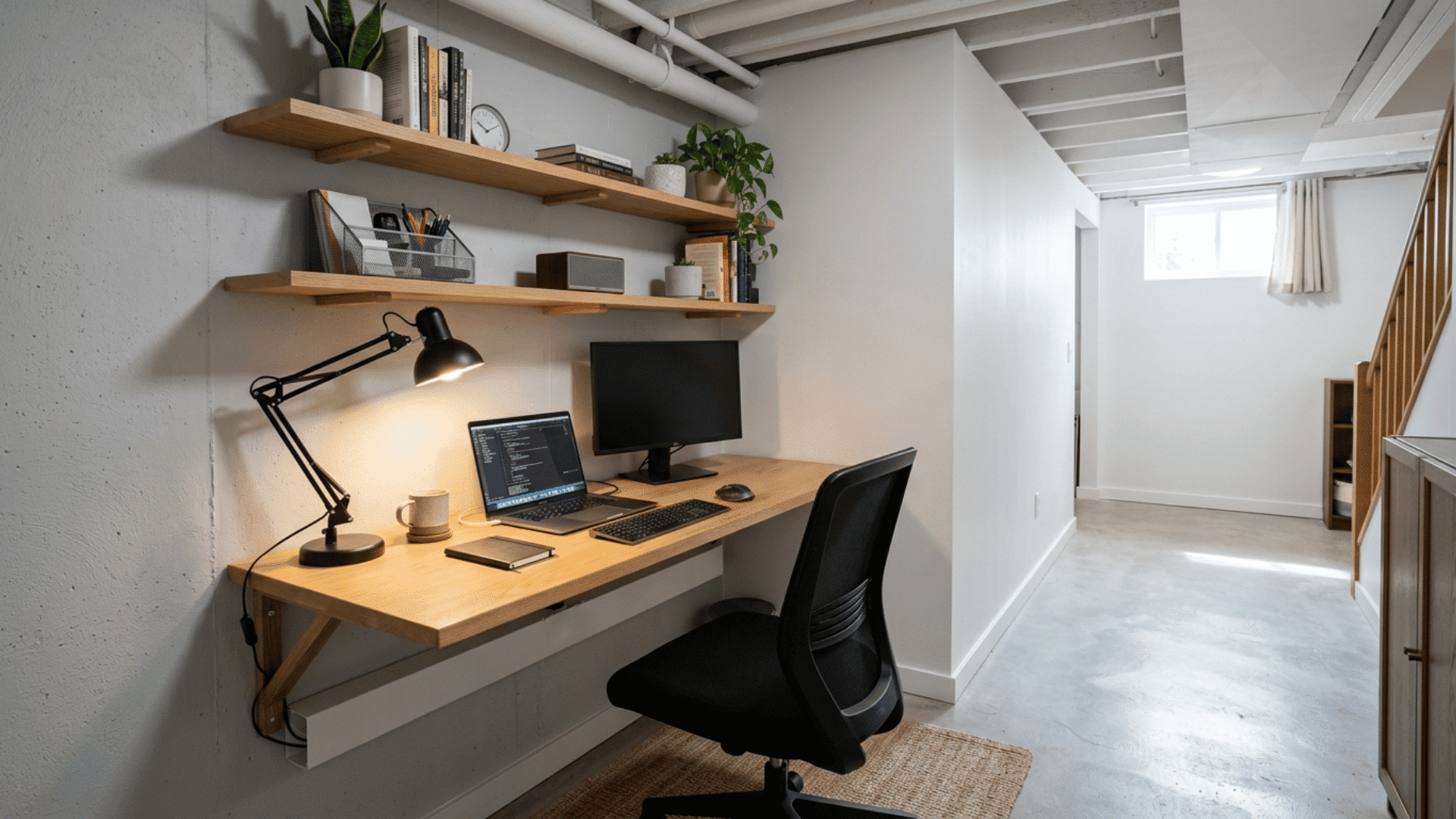 basement office wall with a wood desk, dual pc screens, shelves, lamp, and chair
