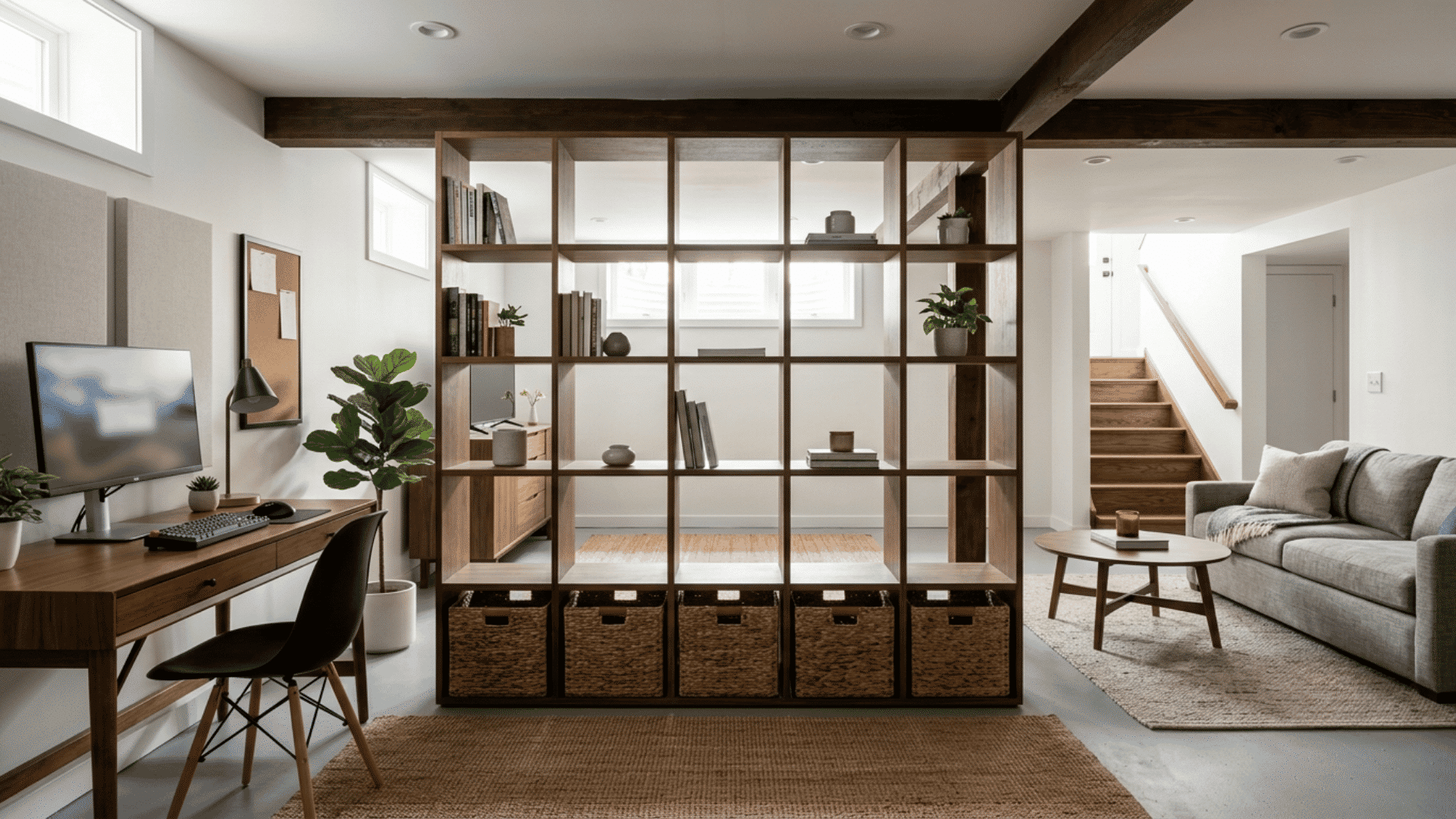 open wood shelves divide a basement office and lounge with books and basket bins