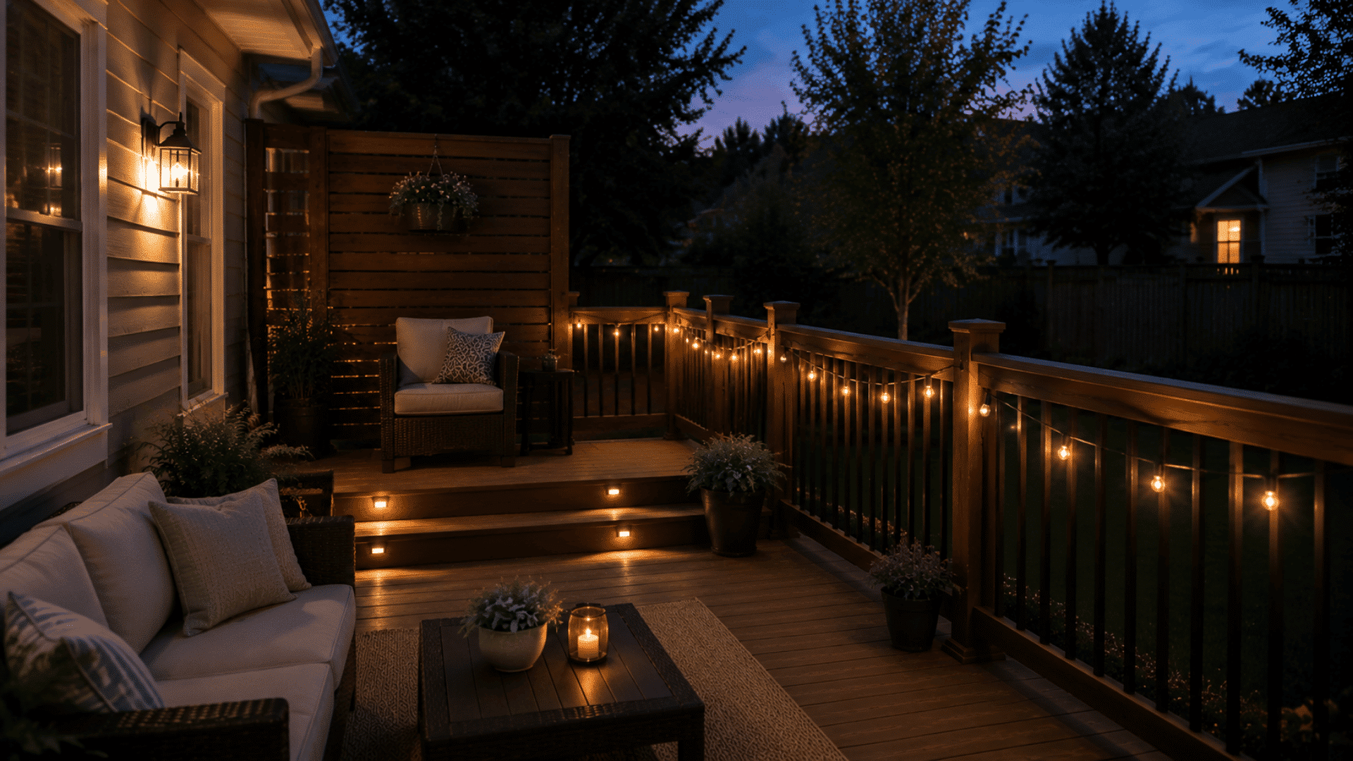Small deck with warm string lights and step lighting for evening outdoor use