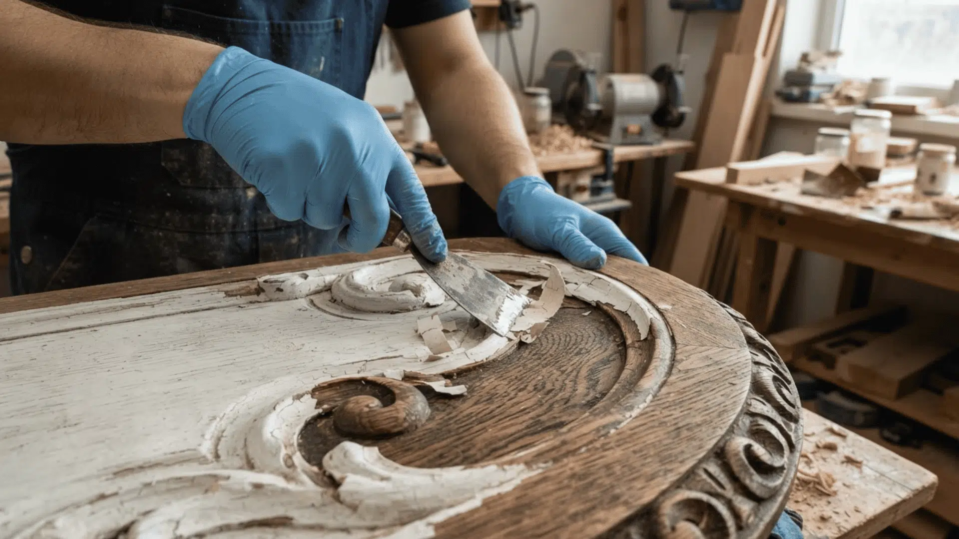 Close-up of paint being stripped from intricately carved wooden furniture, revealing the natural wood grain beneath