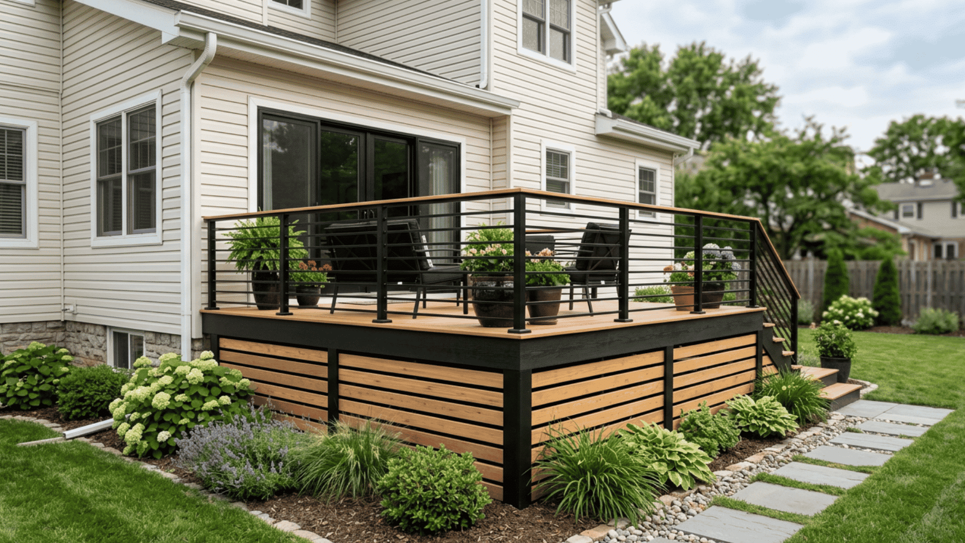 Two-tone deck skirting with black frame and wood slats