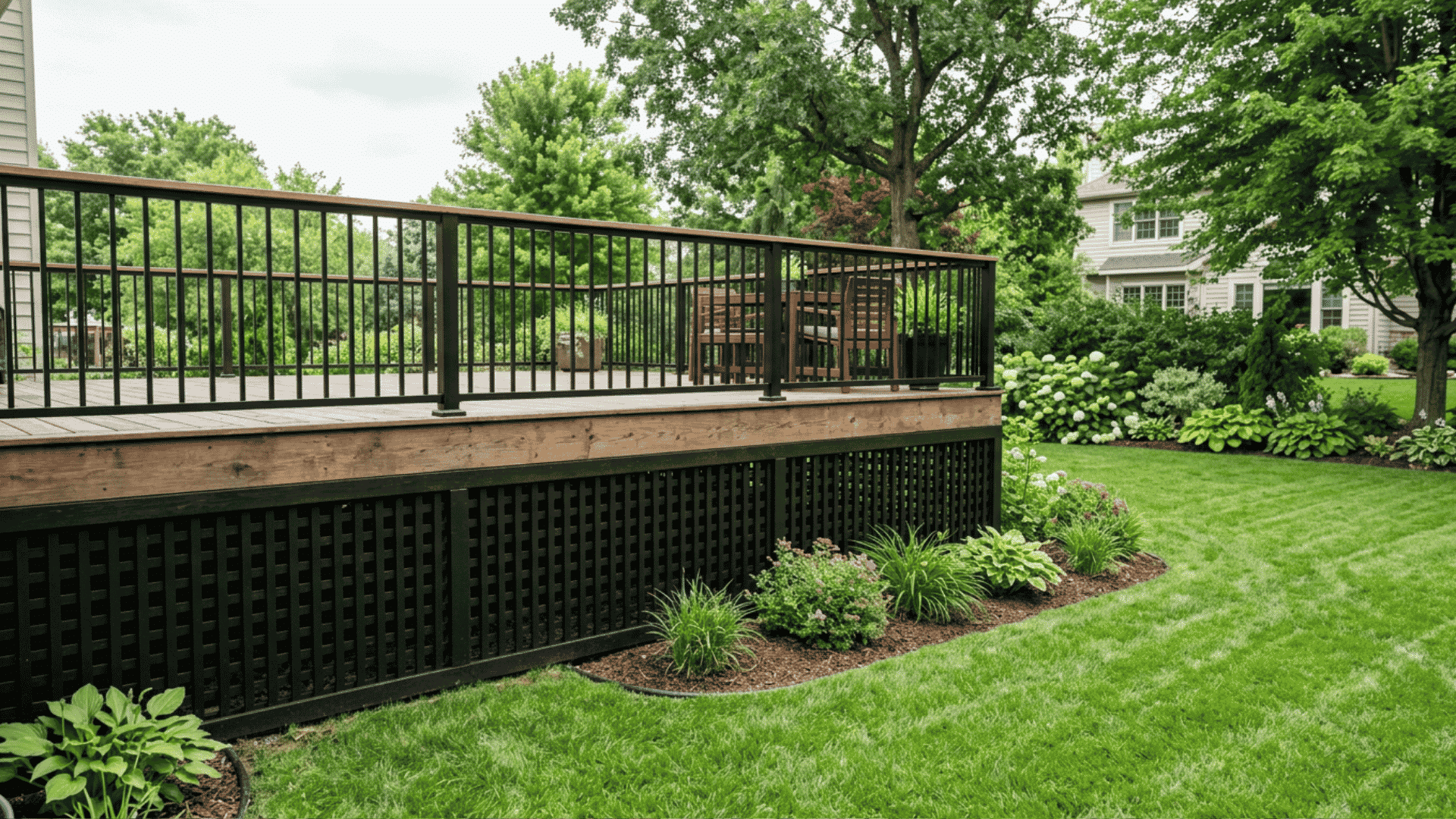 Painted black lattice skirting under a raised deck