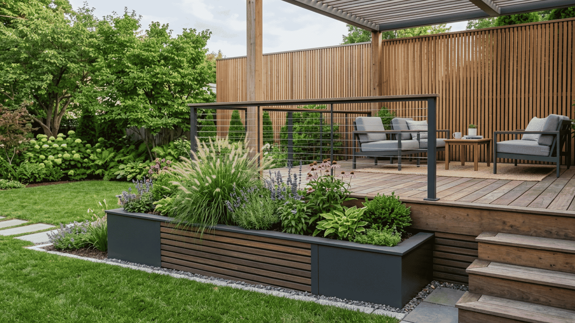 Planter boxes in front of modern deck skirting