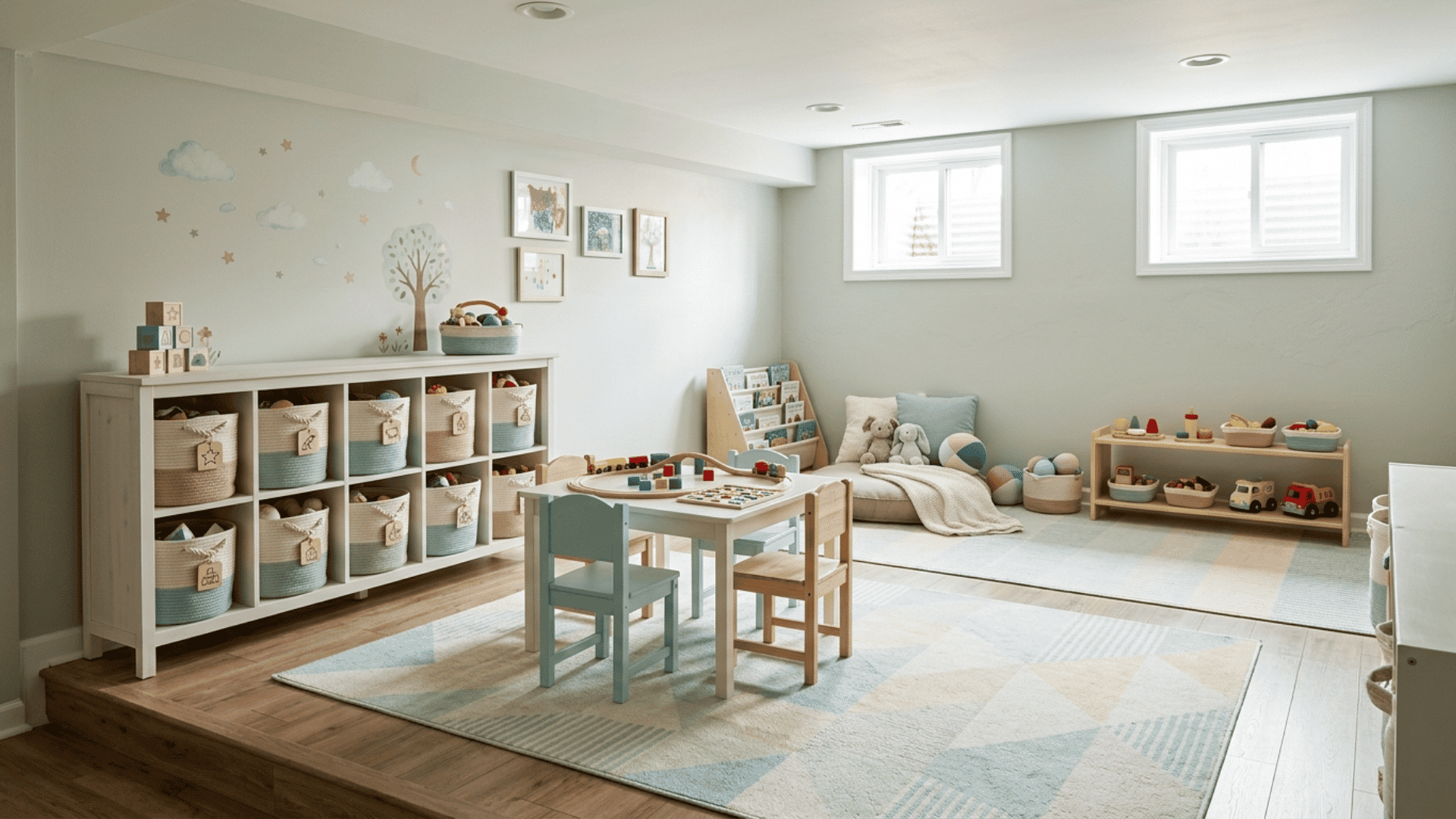 bright basement play area with toy storage, small table, chairs, books, and rugs