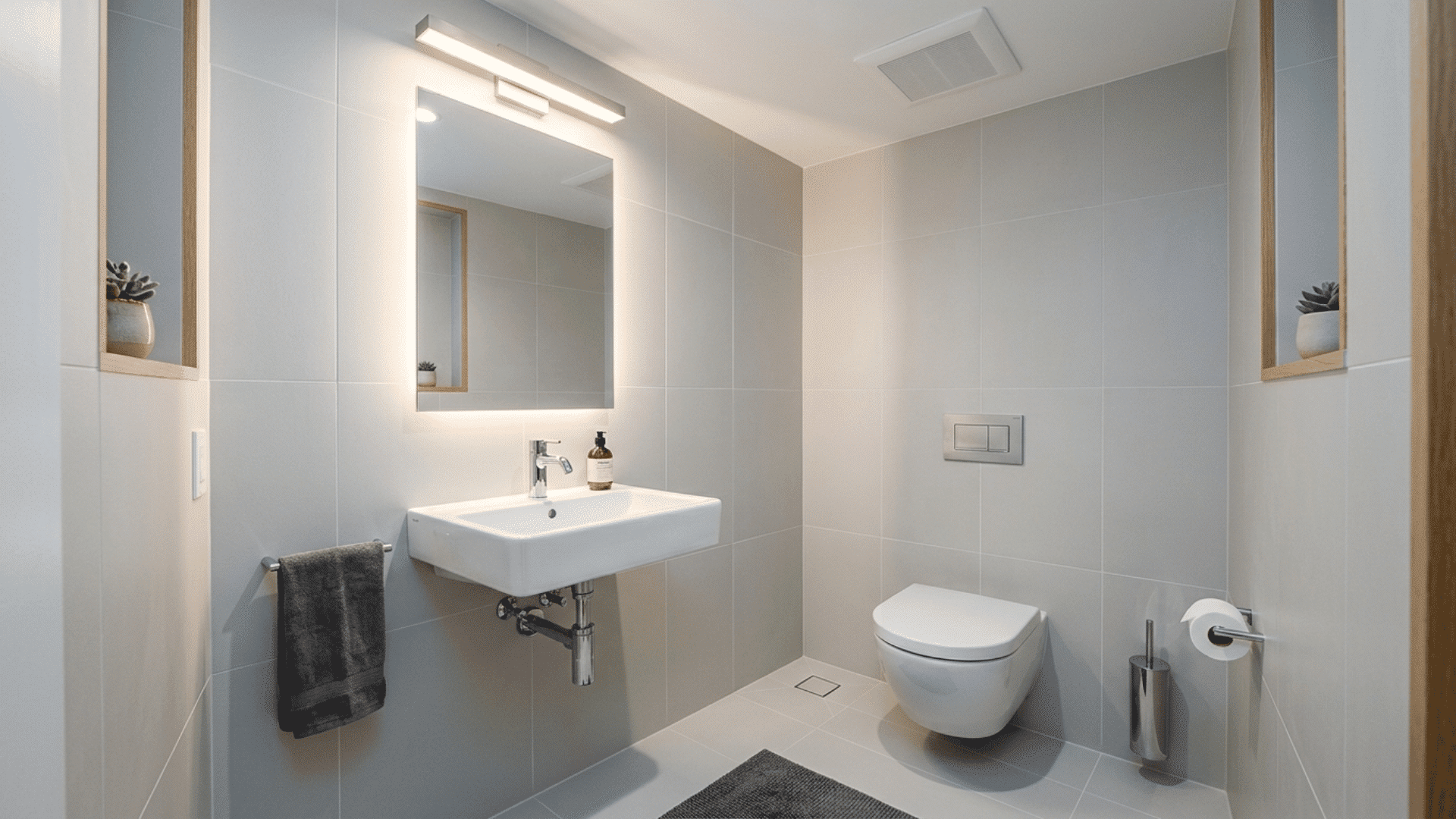 small basement powder room with tiled walls, wall sink, mirror, and white toilet
