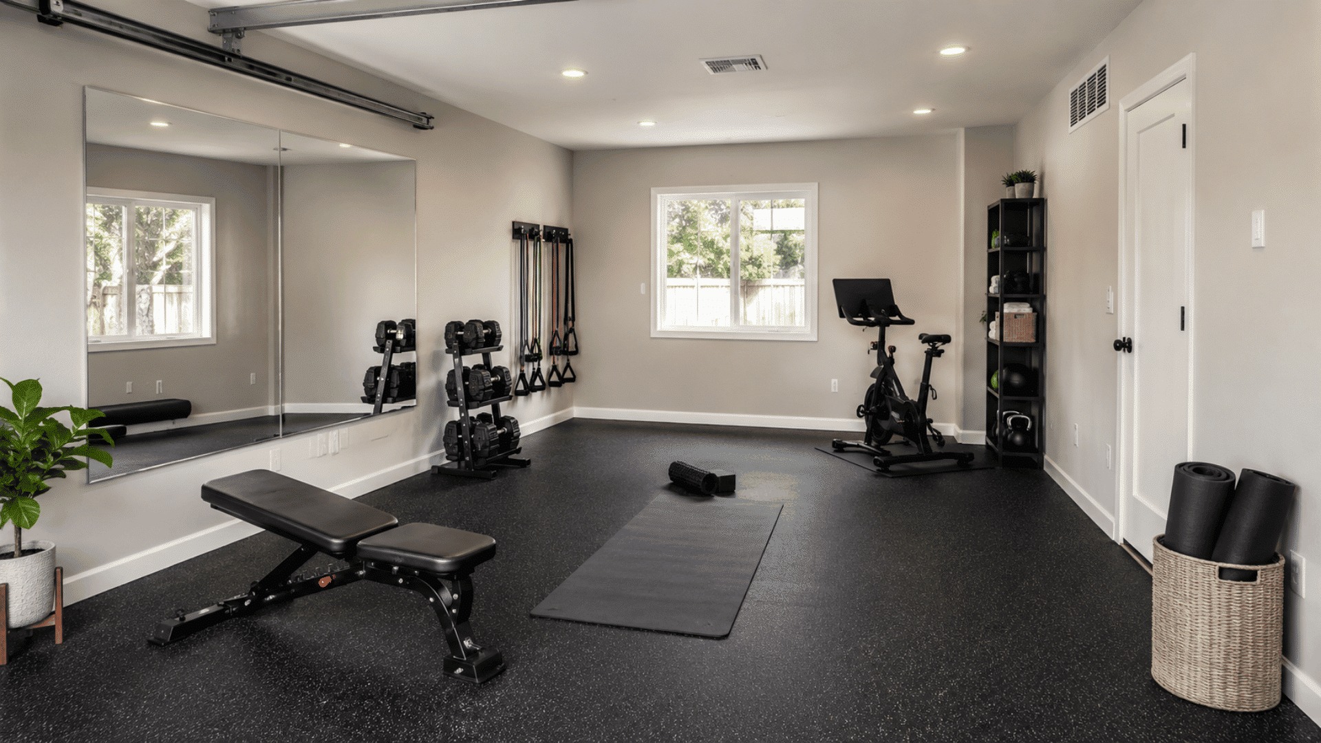 Garage home gym with weights, exercise bike, bench, mat, and wall mirrors.